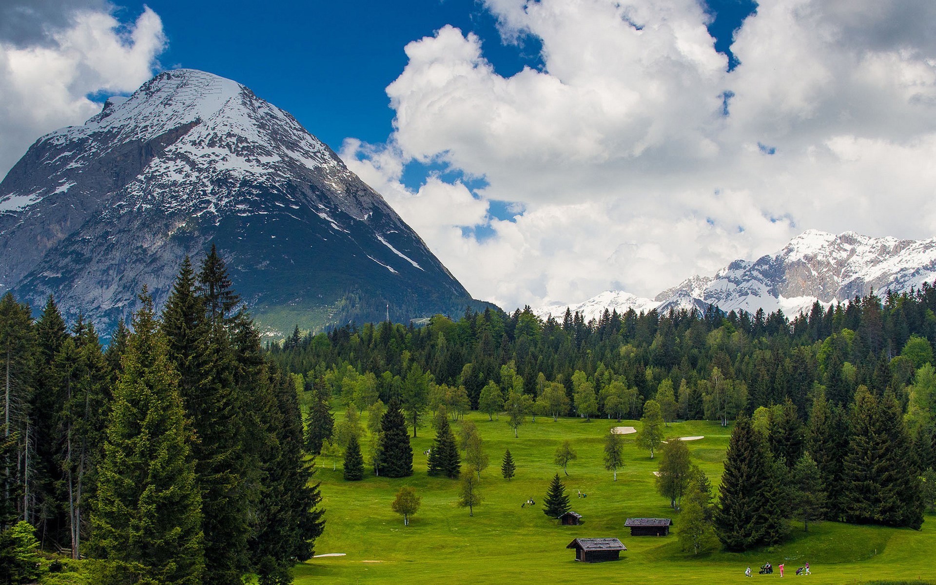 Snow-capped mountain and green golf course with trees HD Wallpaper