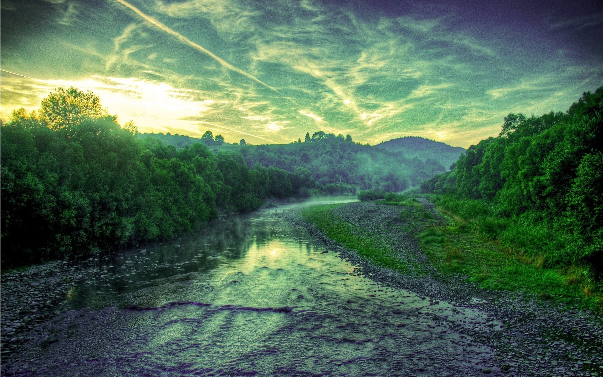 River flowing through a forest valley at sunrise HD Wallpaper