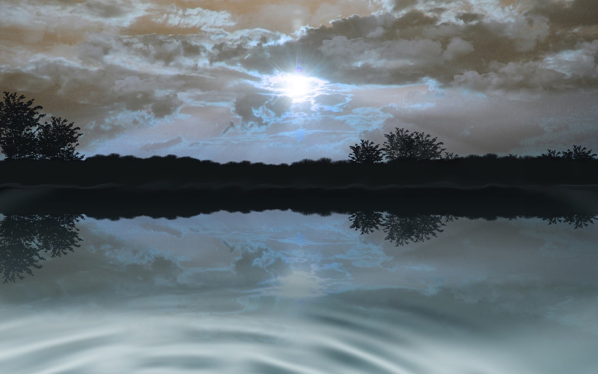 Silhouette of trees and clouds reflected in water HD Wallpaper