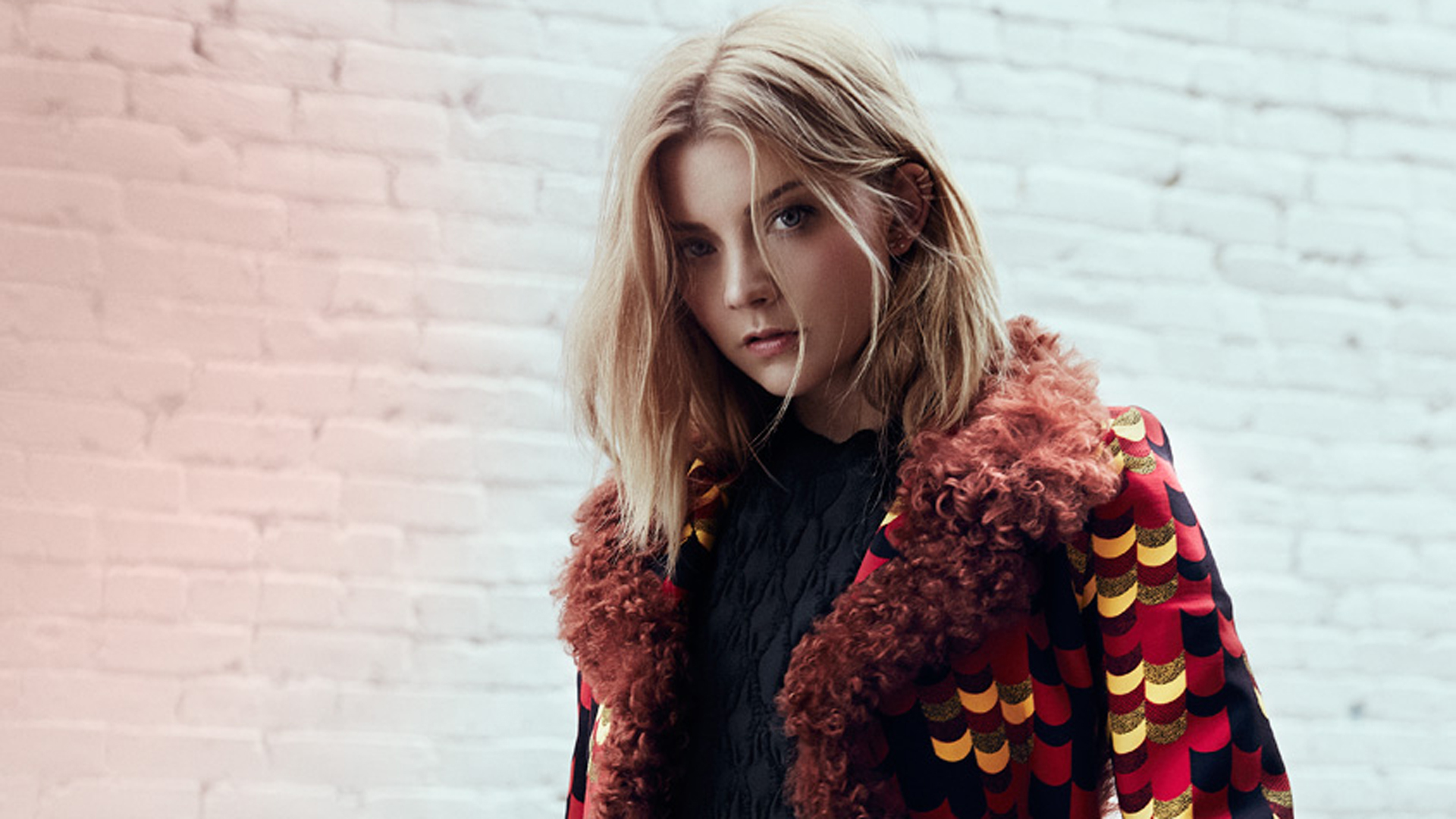 Natalie Dormer in a patterned coat HD Wallpaper