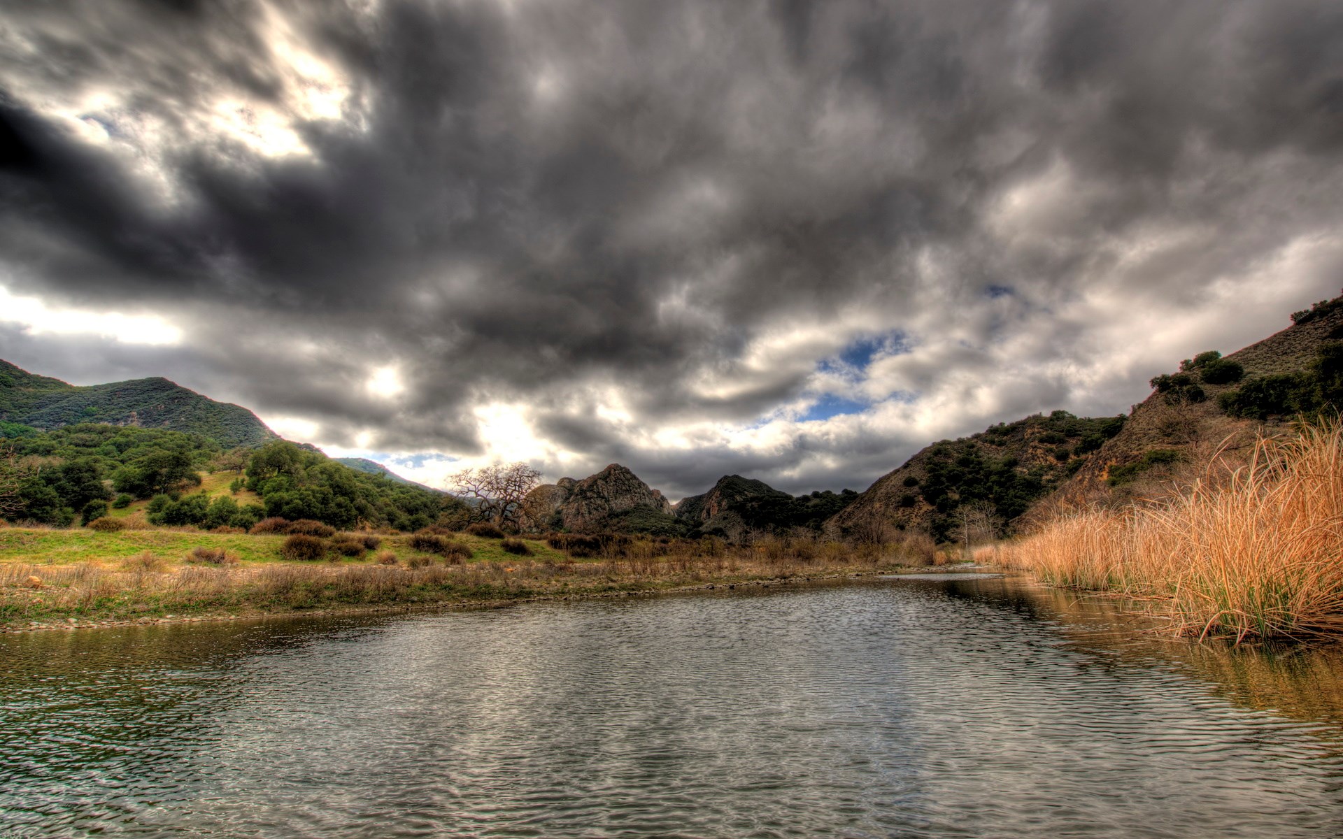 Lake and Mountains Under Stormy Sky HD Wallpaper