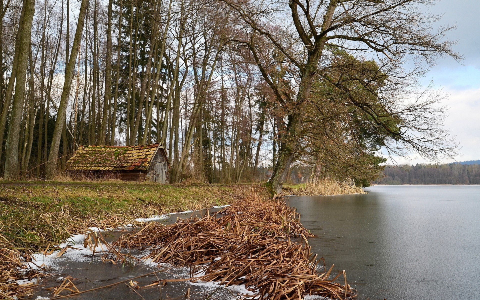 Wooden shed by a frozen lake and forest HD Wallpaper