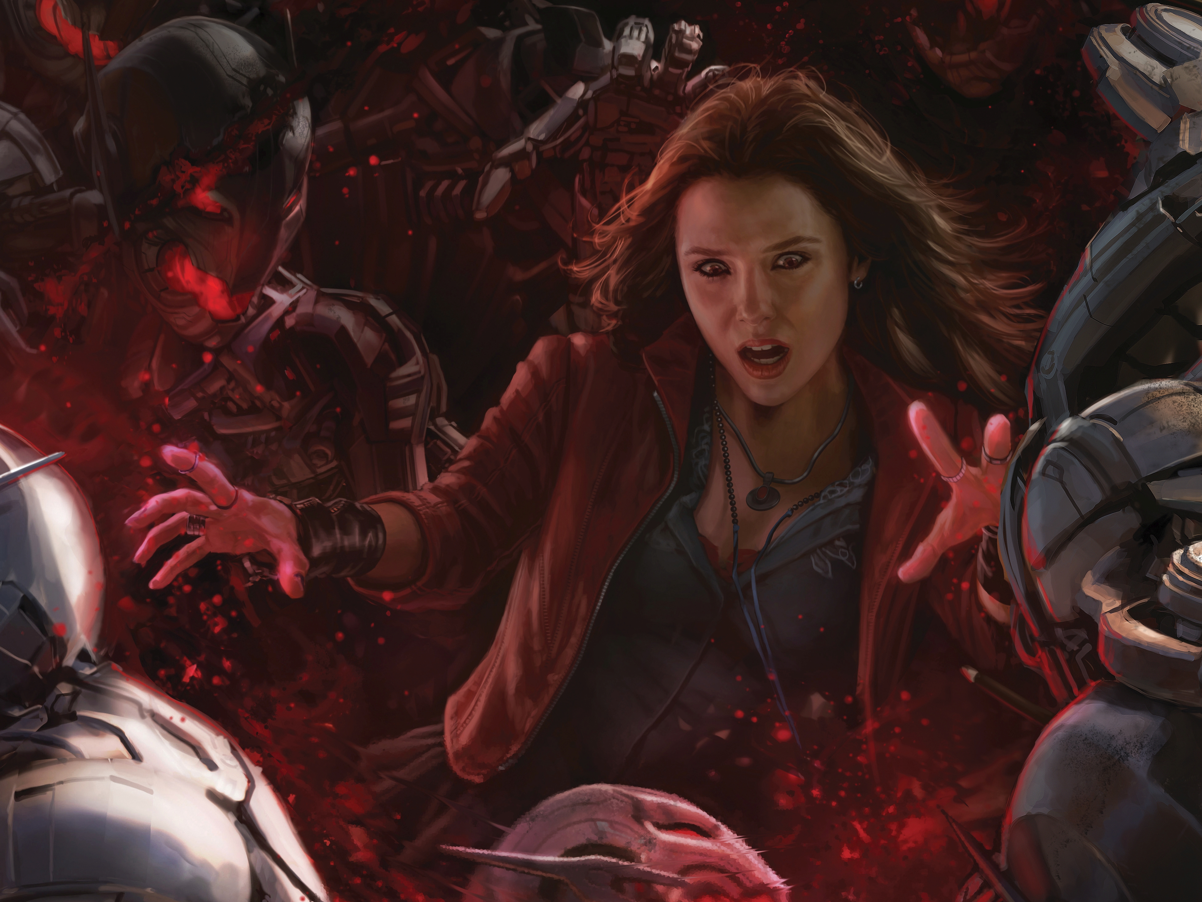 Scarlet Witch from Avengers surrounded by Ultron bots HD Wallpaper