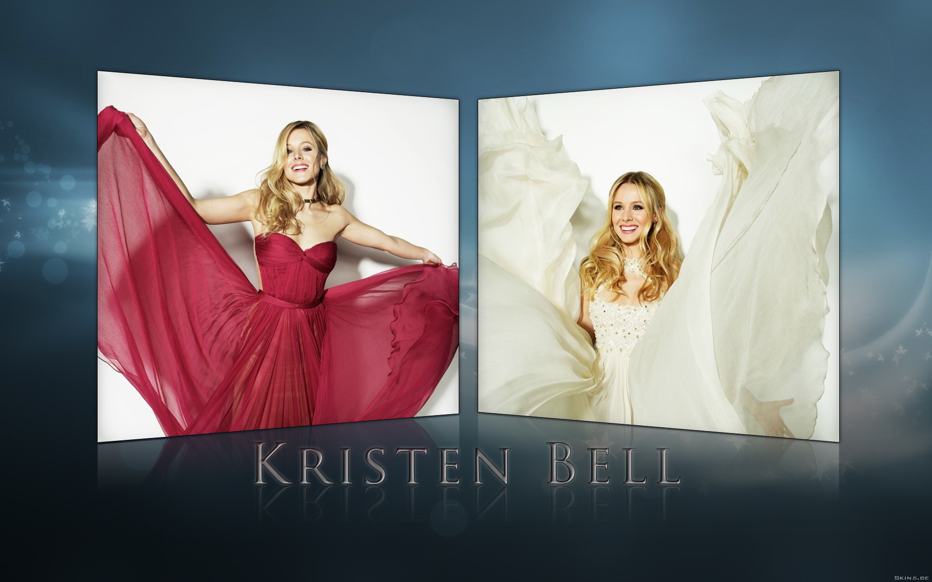 Kristen Bell in red and white dresses HD Wallpaper