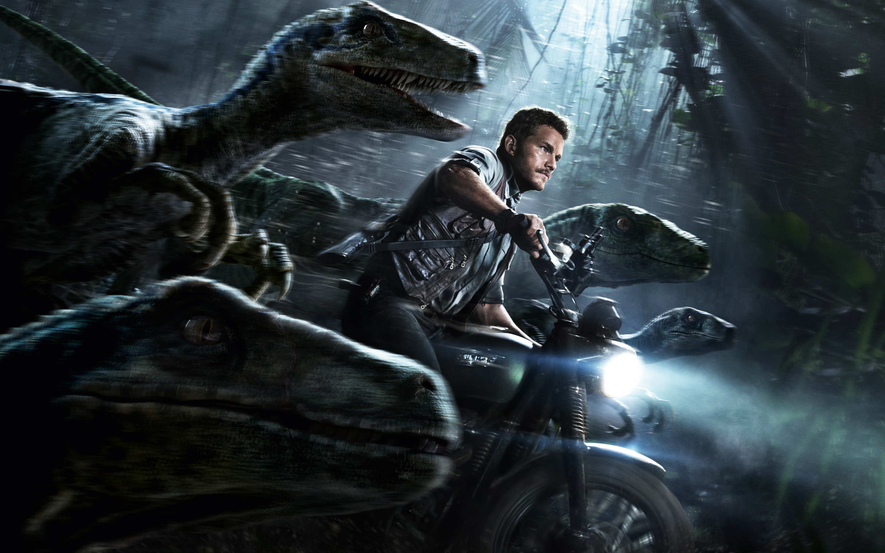 Chris Pratt and Raptors from Jurassic World HD Wallpaper