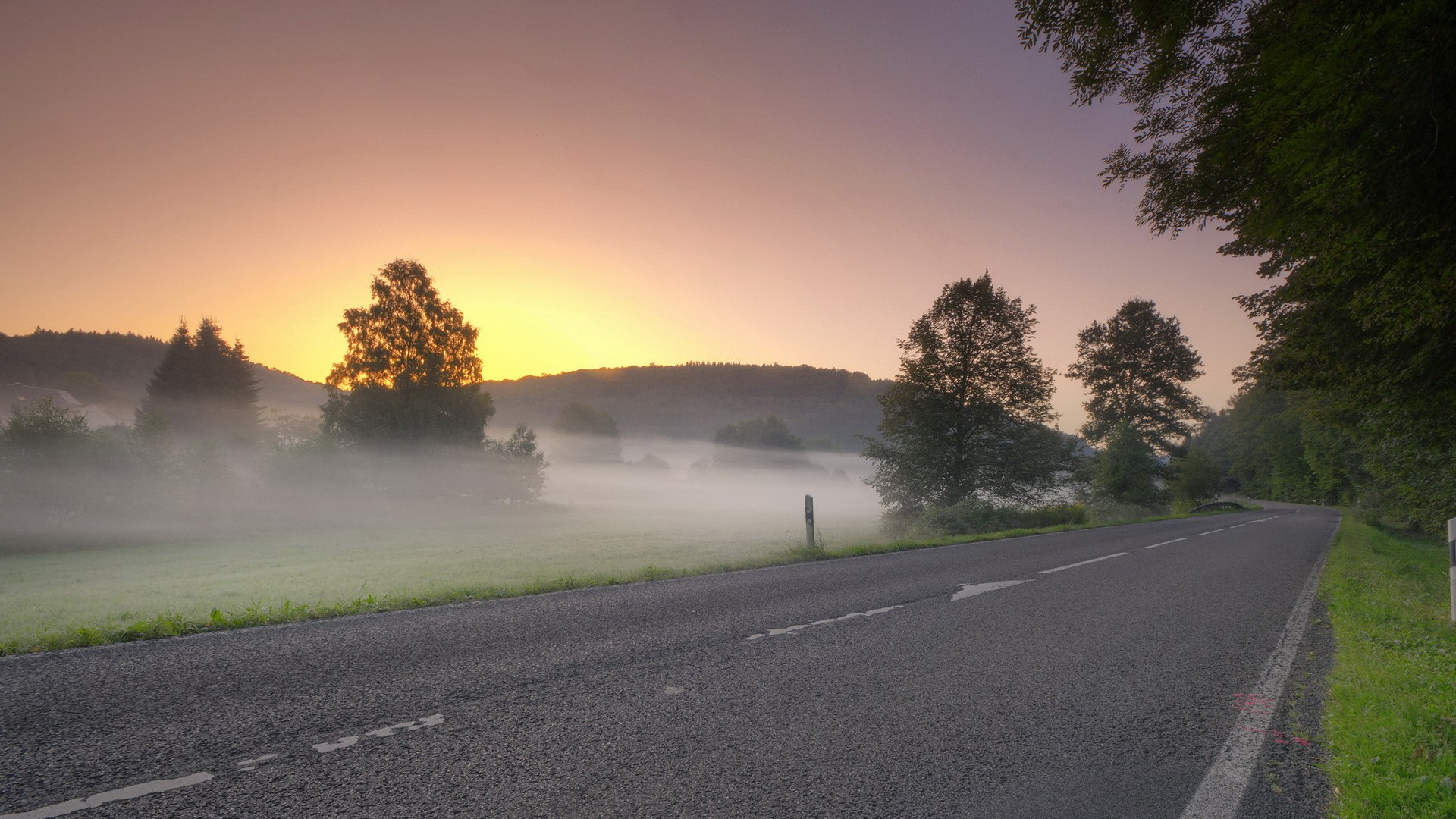 Road through misty countryside at sunrise HD Wallpaper