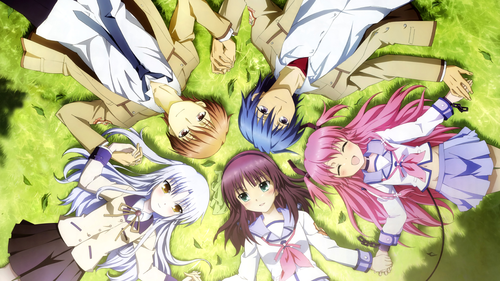 Angel Beats! Characters Lying on Grass HD Wallpaper