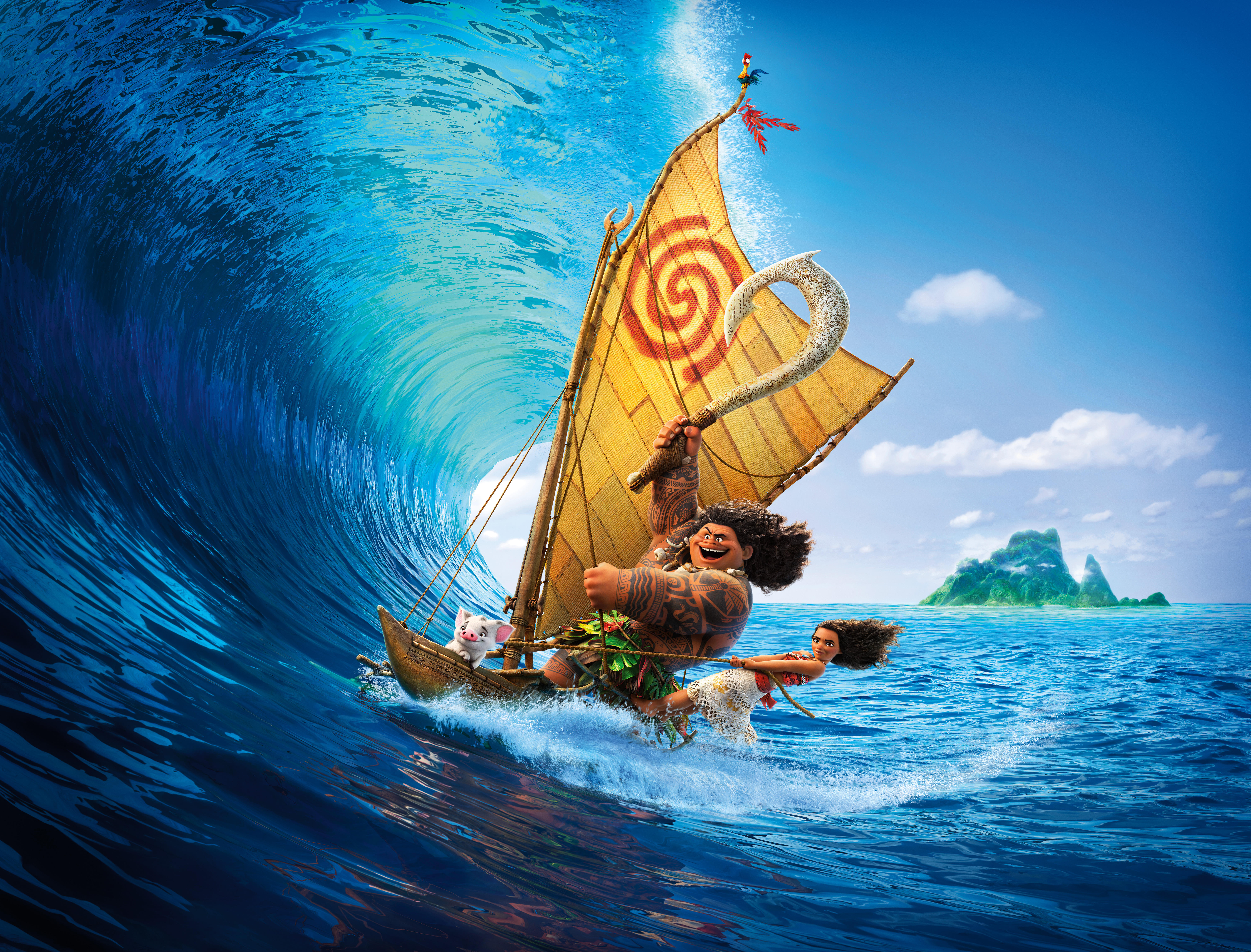 Maui and Moana on a boat in a wave HD Wallpaper