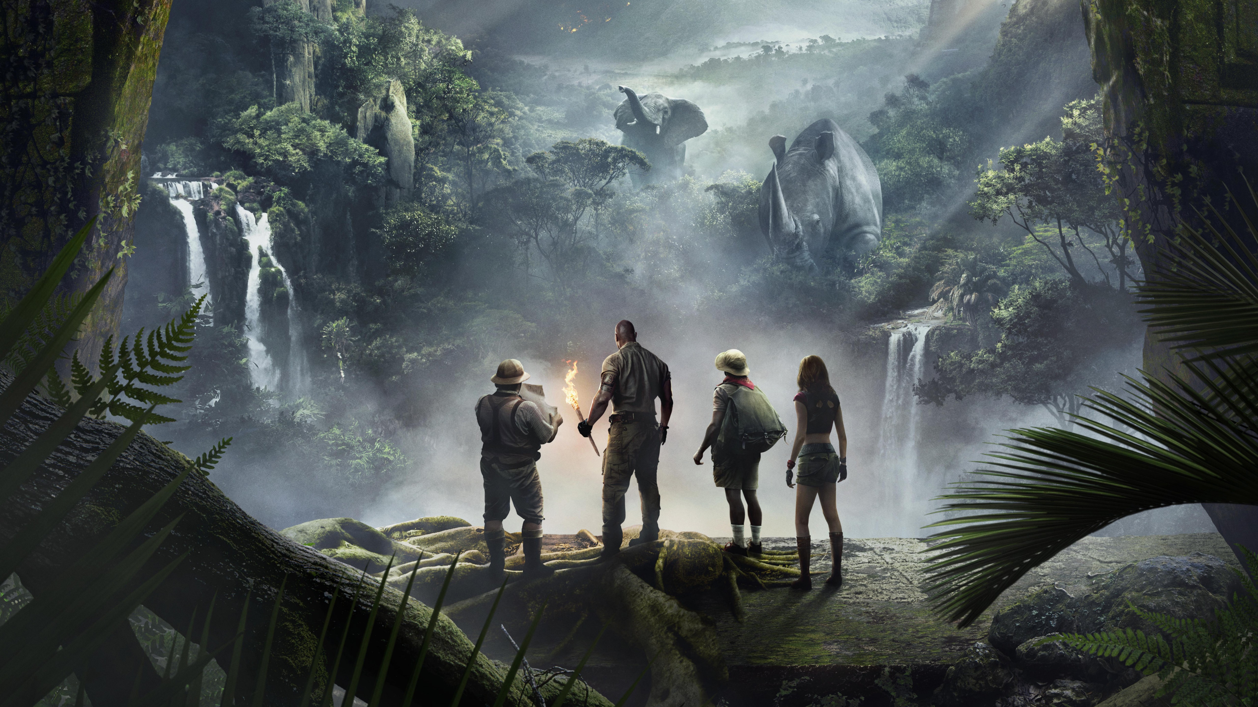 Four adventurers in a jungle with elephants and rhinos HD Wallpaper