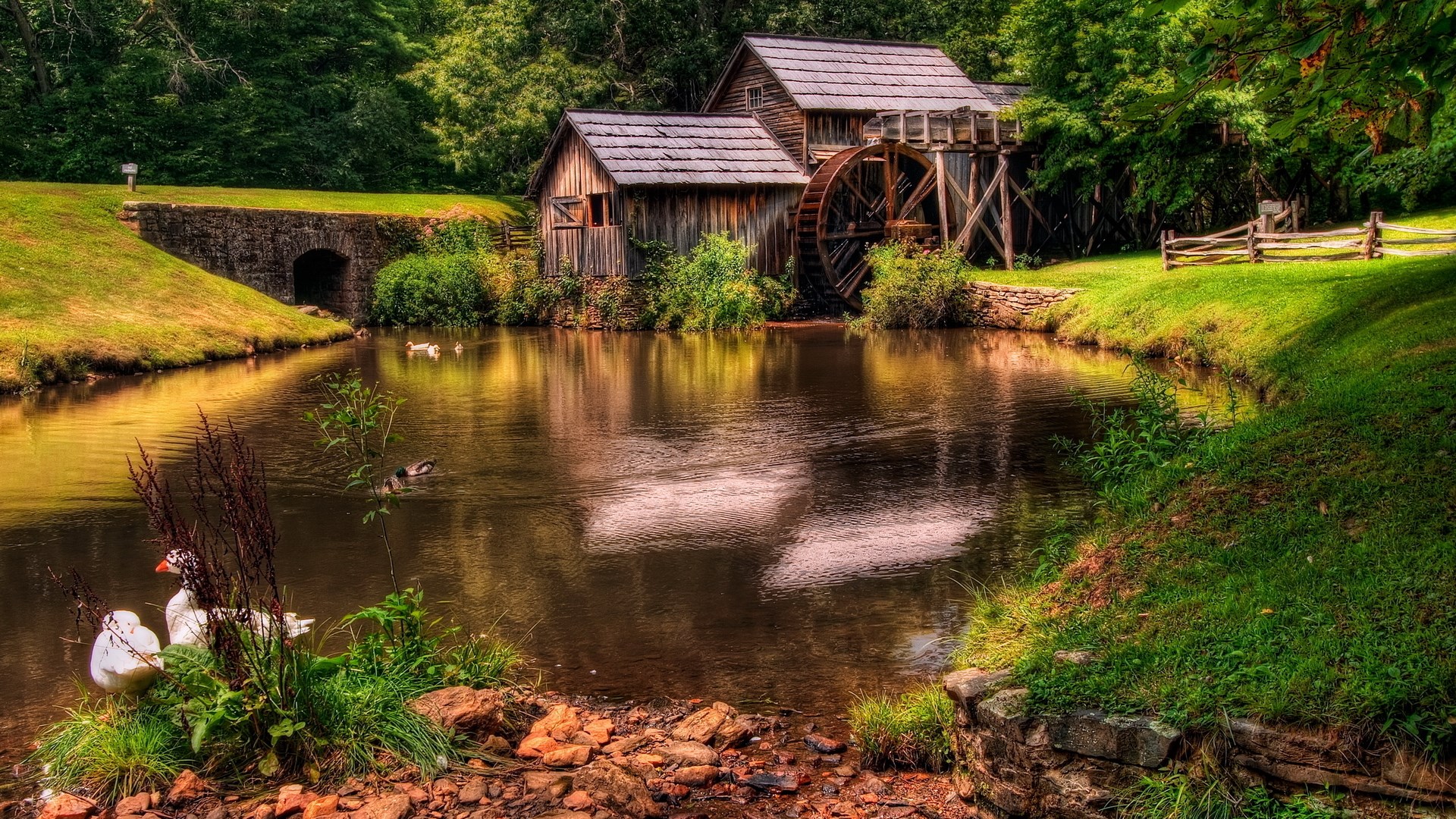 Old mill with water wheel by a pond HD Wallpaper