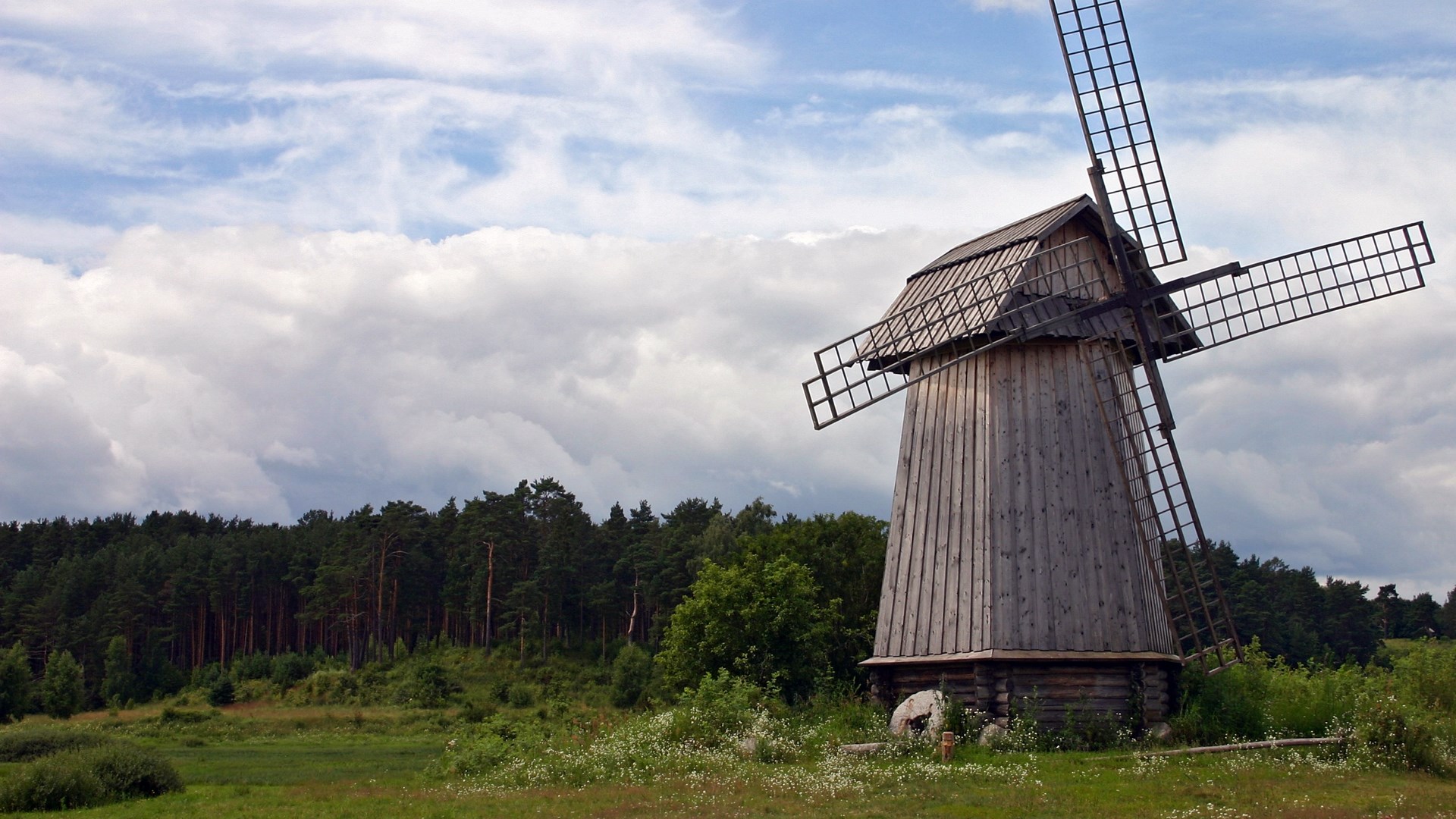 Wooden windmill in a field with a forest background HD Wallpaper