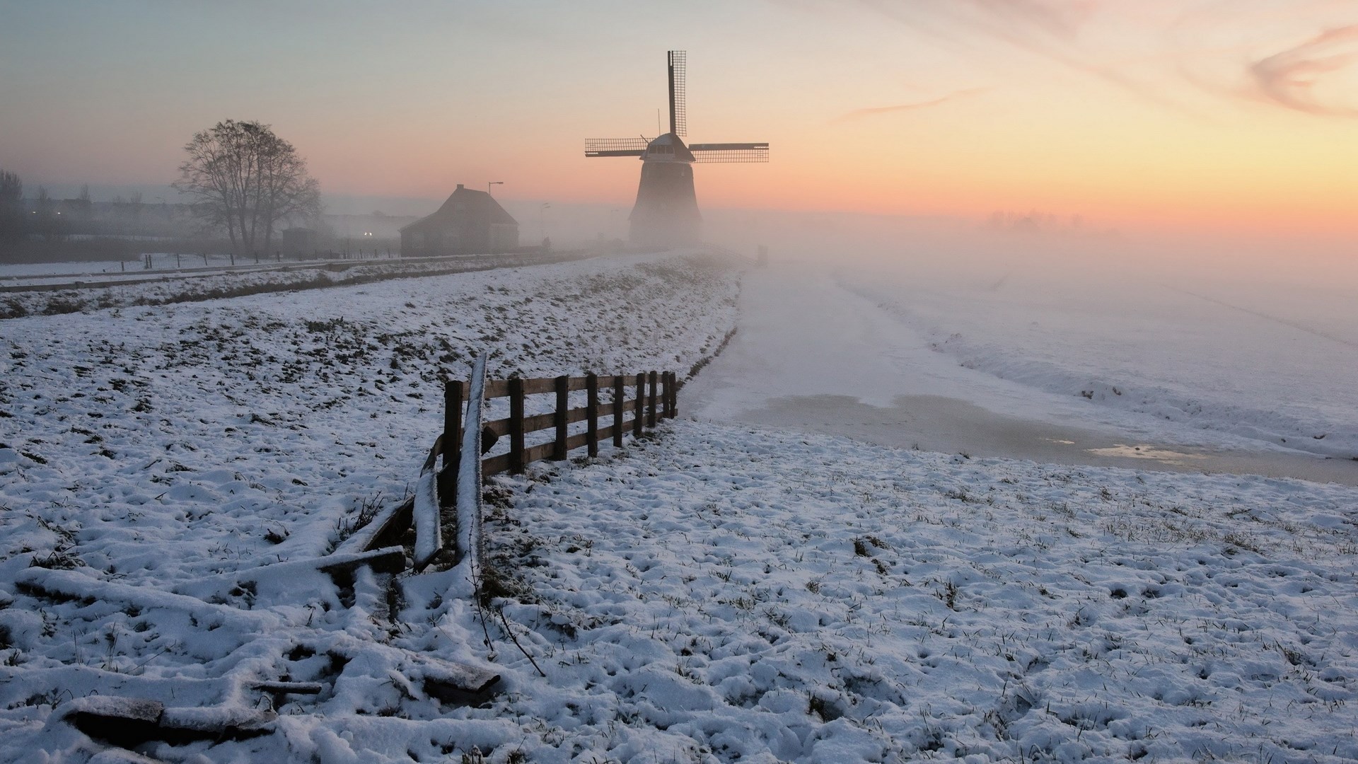 Snowy Dutch landscape with windmill at sunrise HD Wallpaper