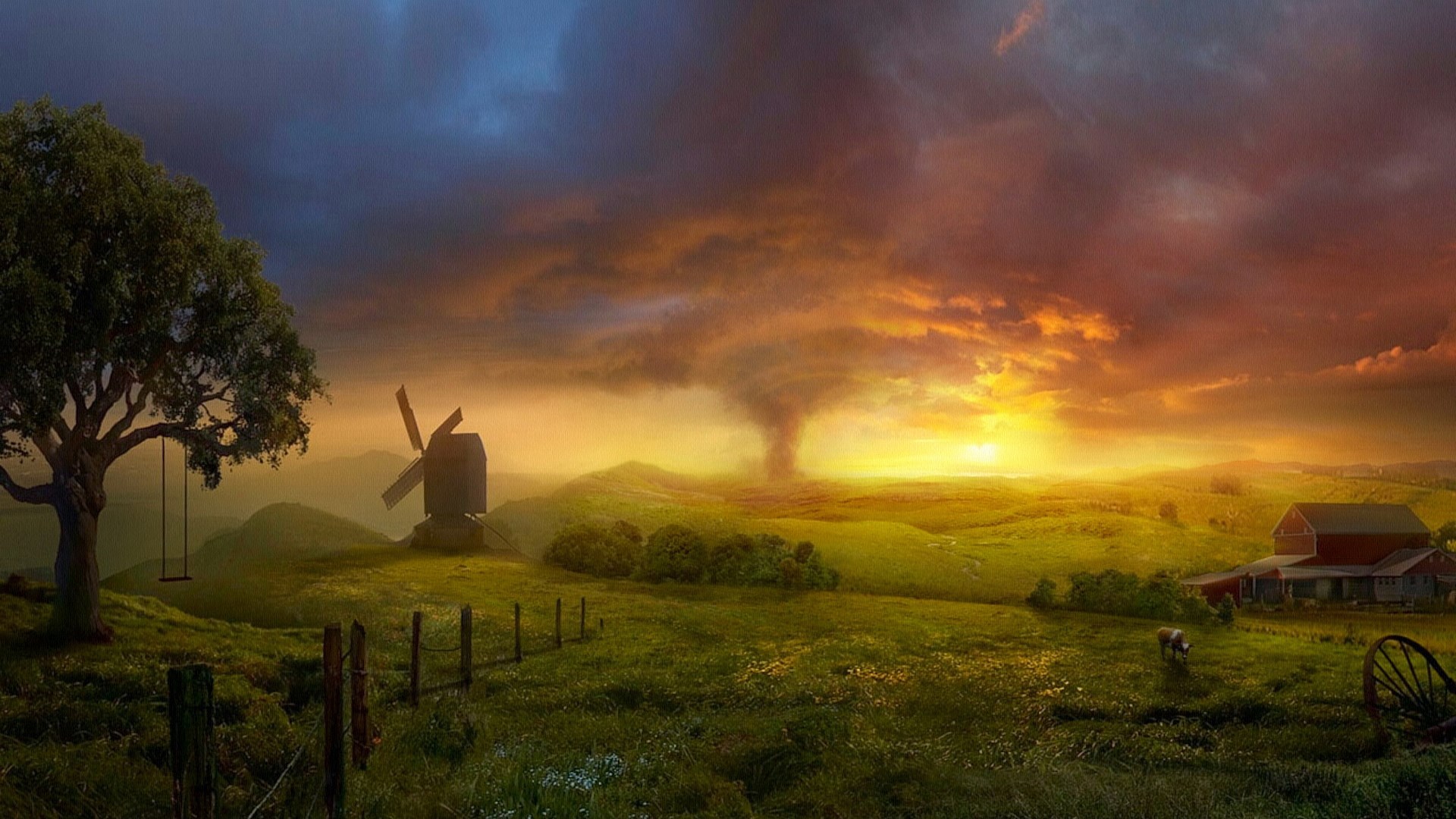 Farm landscape with tornado at sunset HD Wallpaper
