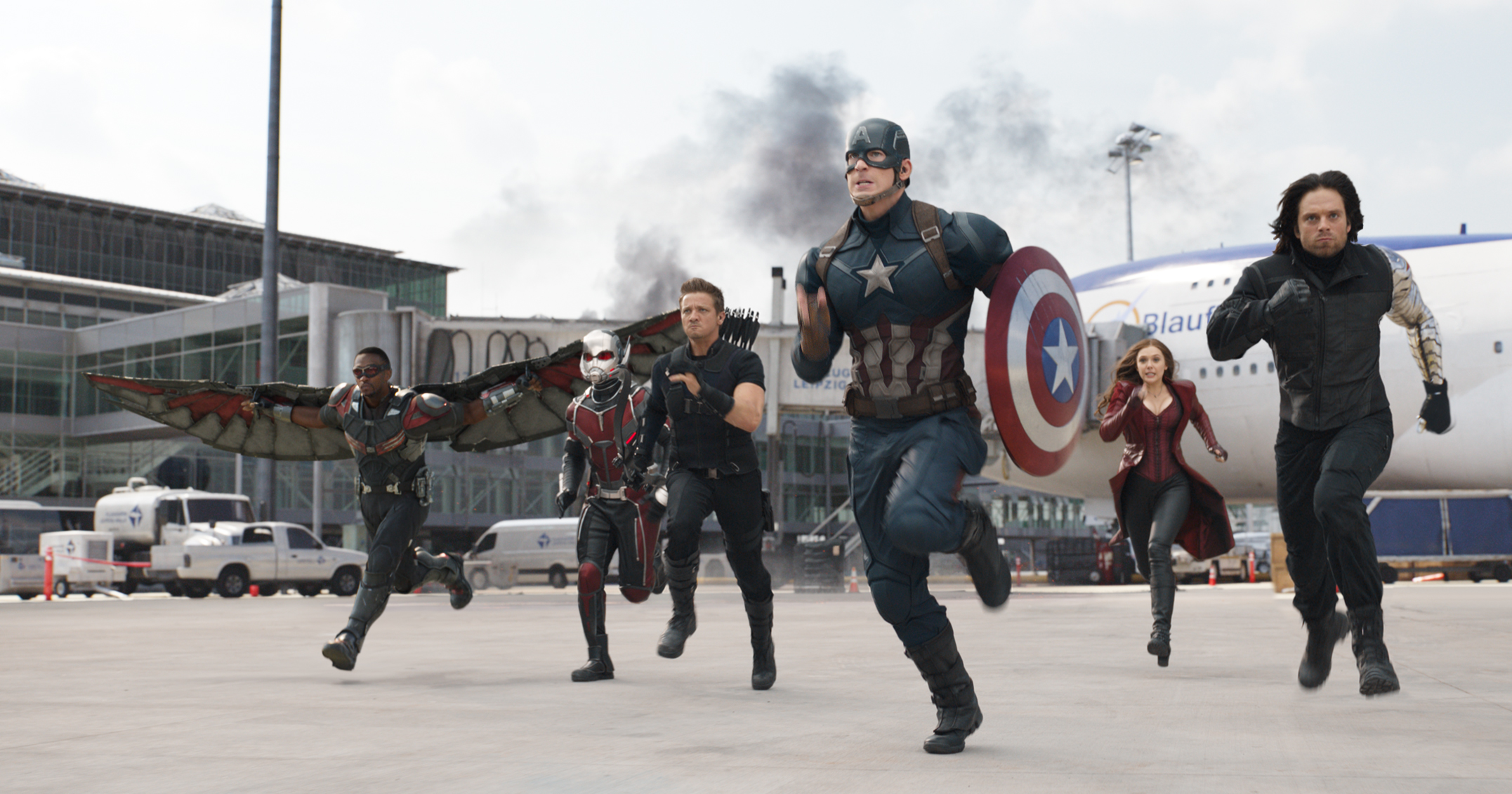 Captain America, Falcon, Ant-Man, Scarlet Witch, and Winter Soldier running at airport HD Wallpaper