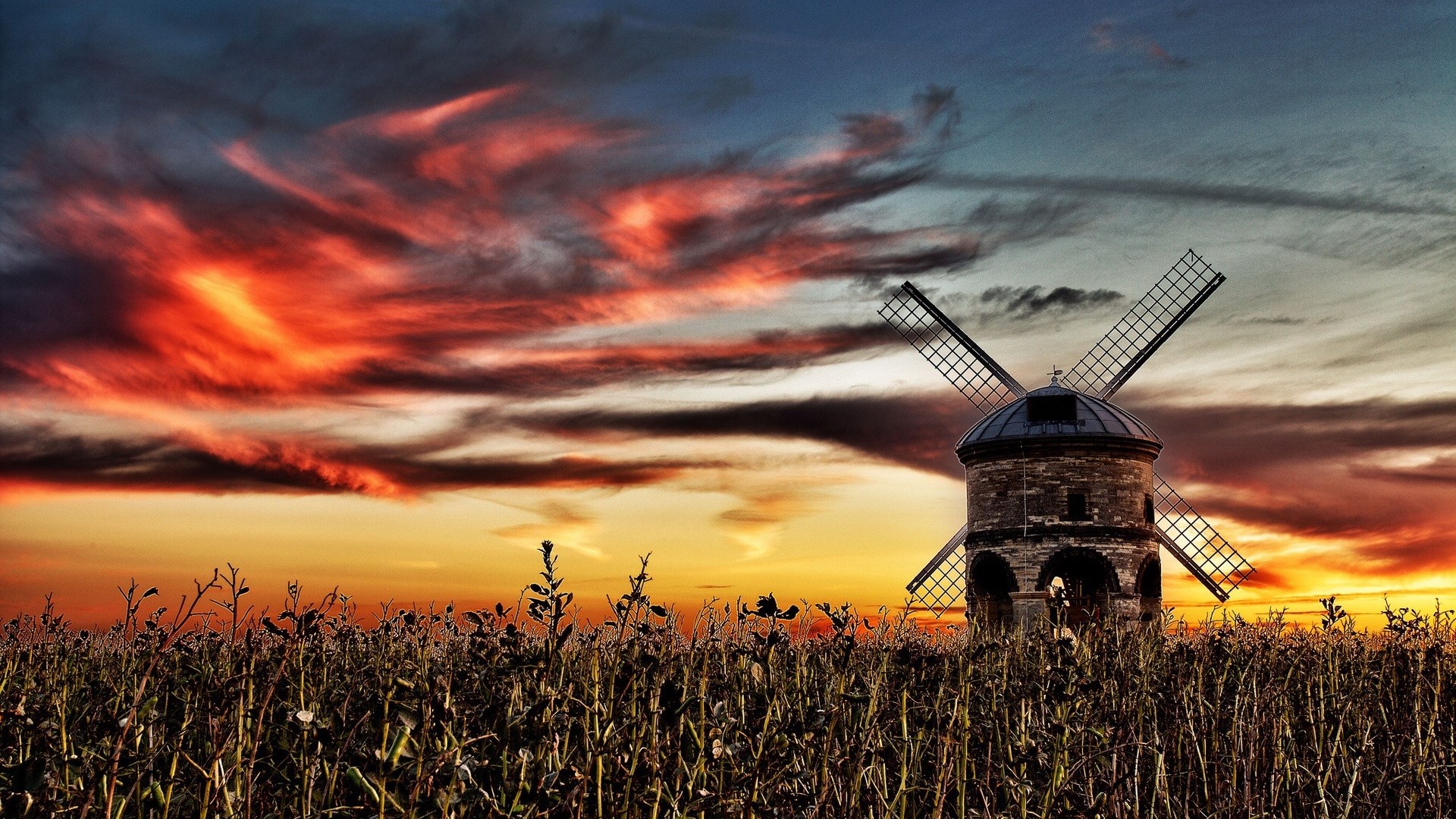 Windmill in a field at sunset HD Wallpaper