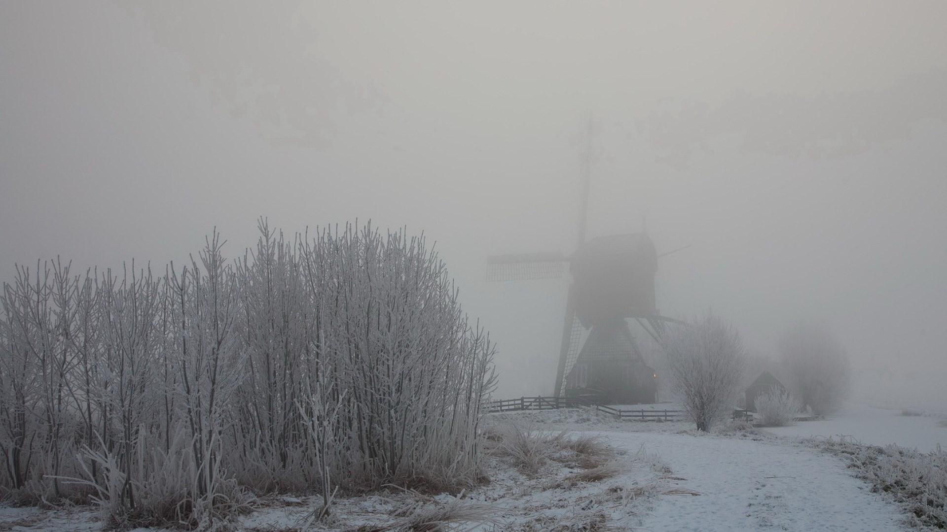 Windmill in a foggy winter landscape HD Wallpaper
