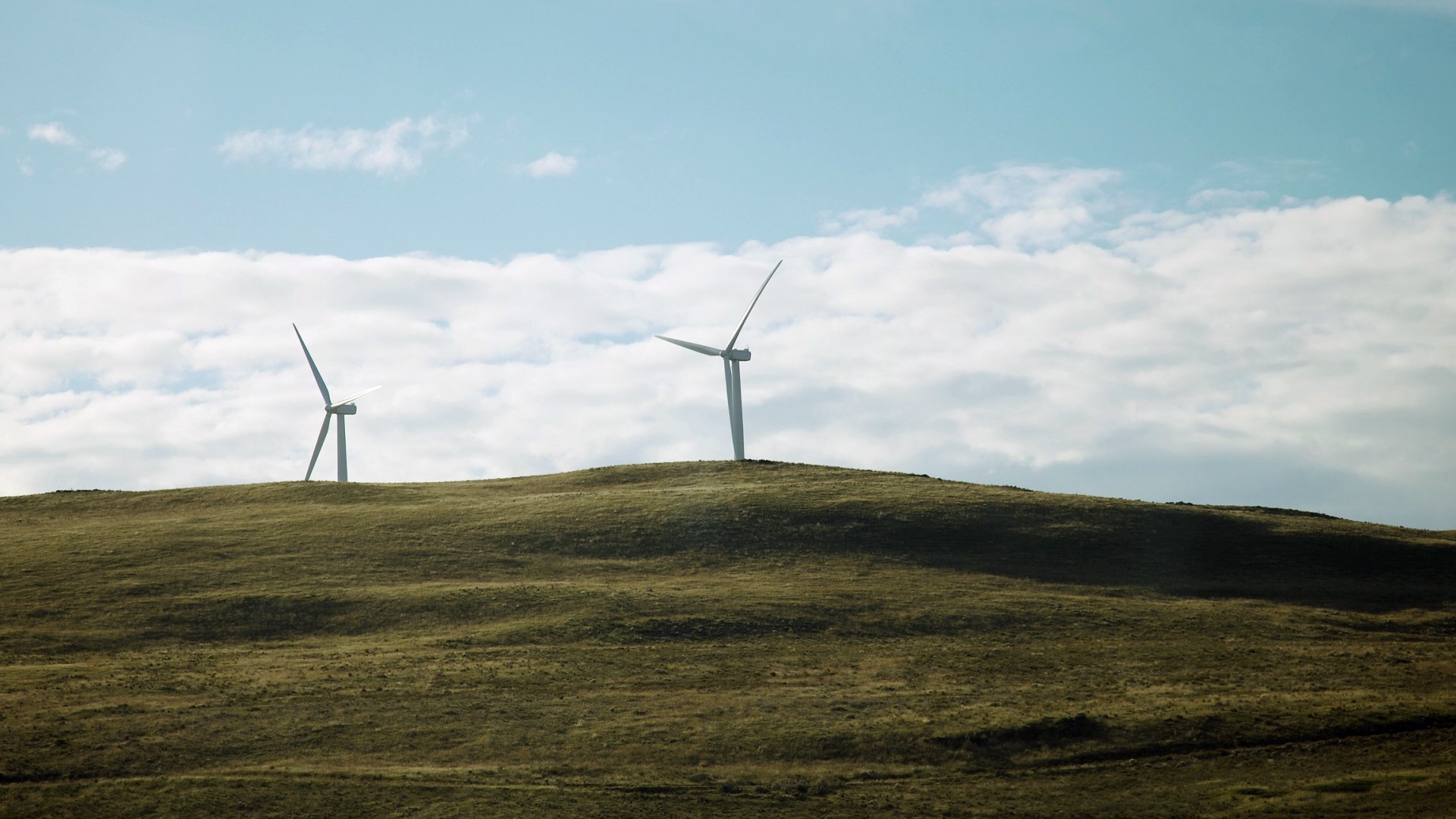 Wind turbines on a grassy hill under a cloudy sky HD Wallpaper