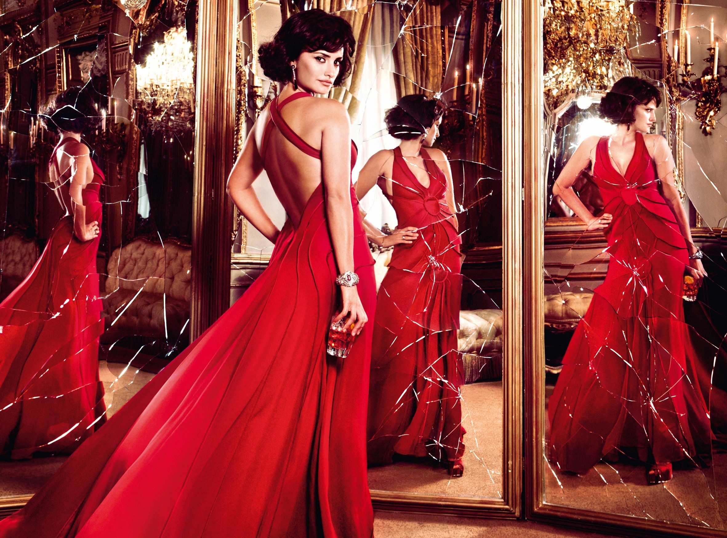 Penélope Cruz in a red dress in a shattered mirror room HD Wallpaper