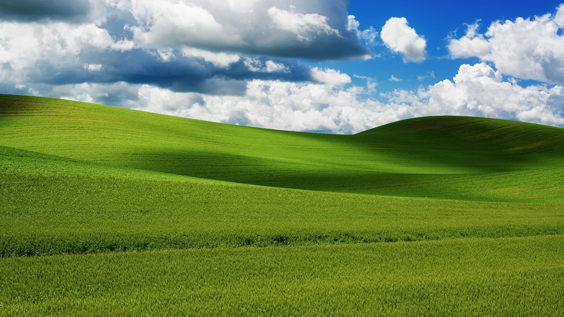 Rolling green hills under a cloudy blue sky HD Wallpaper