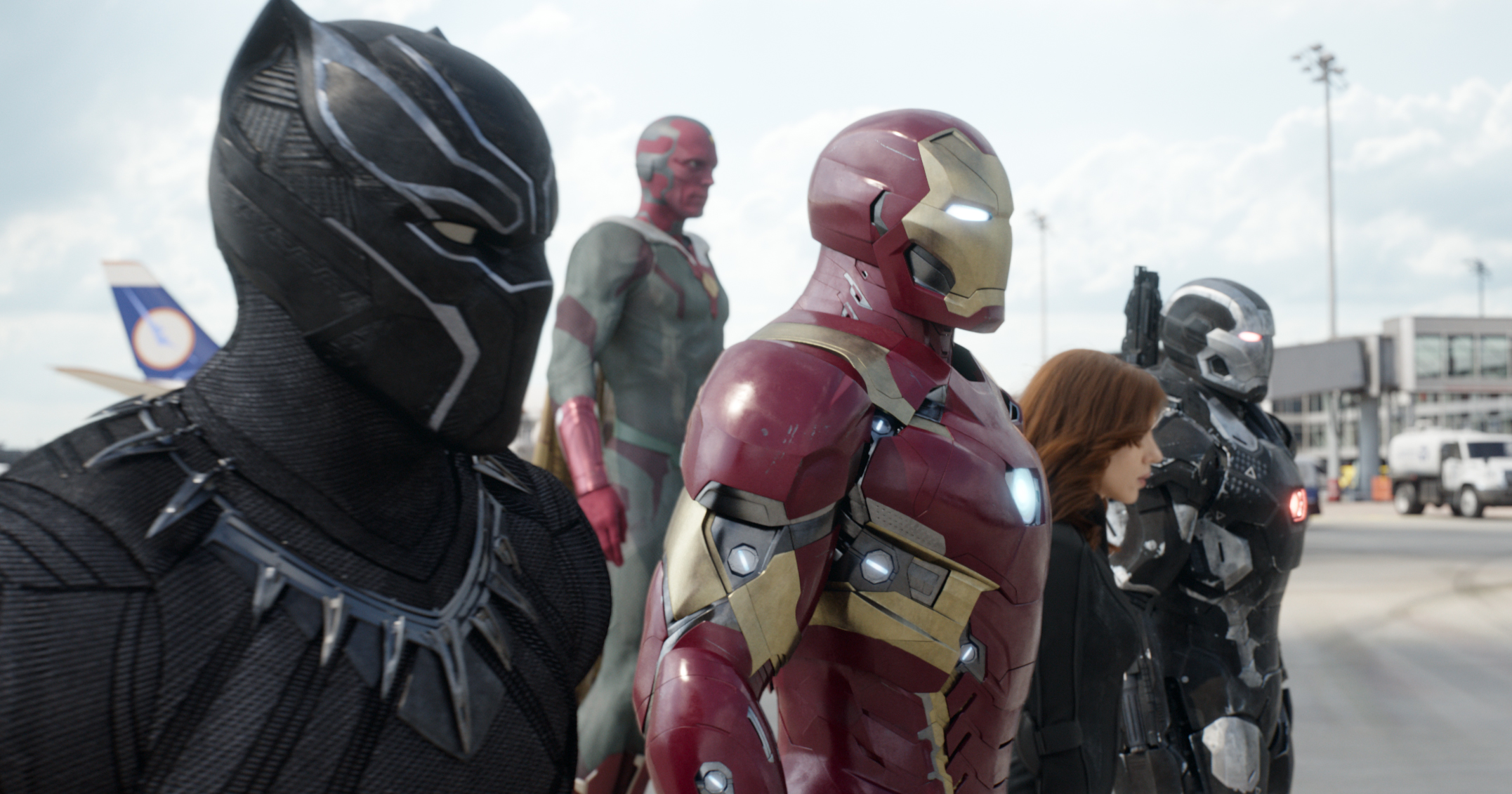 Black Panther, Iron Man, Vision, Black Widow, and War Machine at airport HD Wallpaper