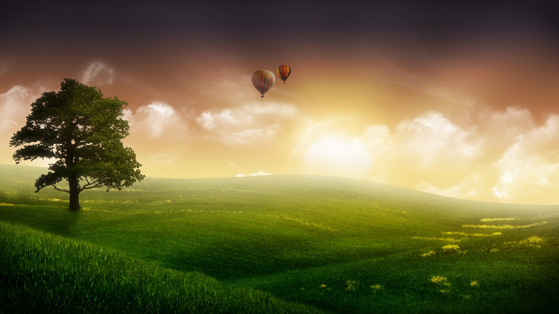 Hot air balloons over rolling green hills at sunset HD Wallpaper