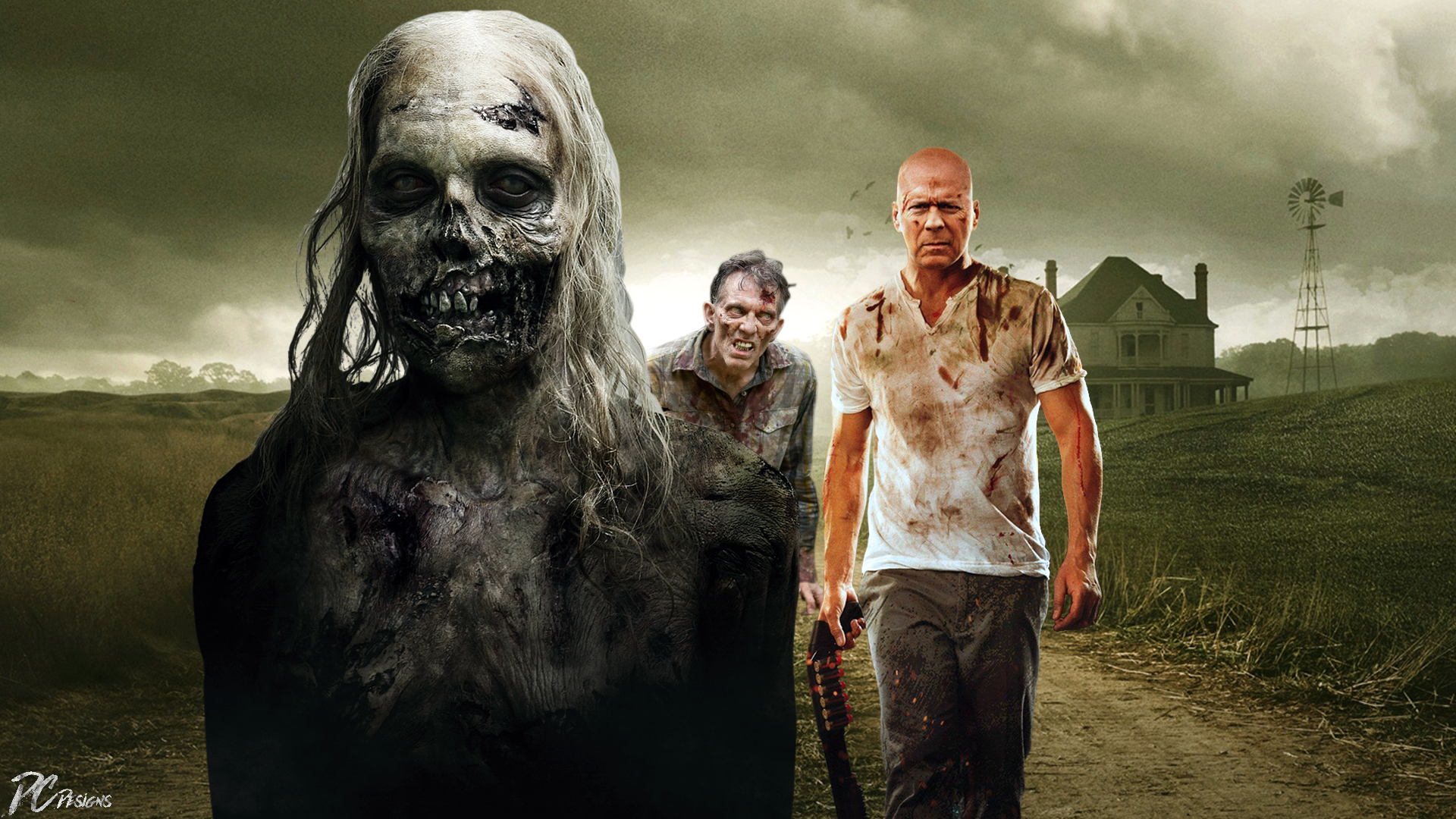 Bruce Willis and zombies from The Walking Dead HD Wallpaper