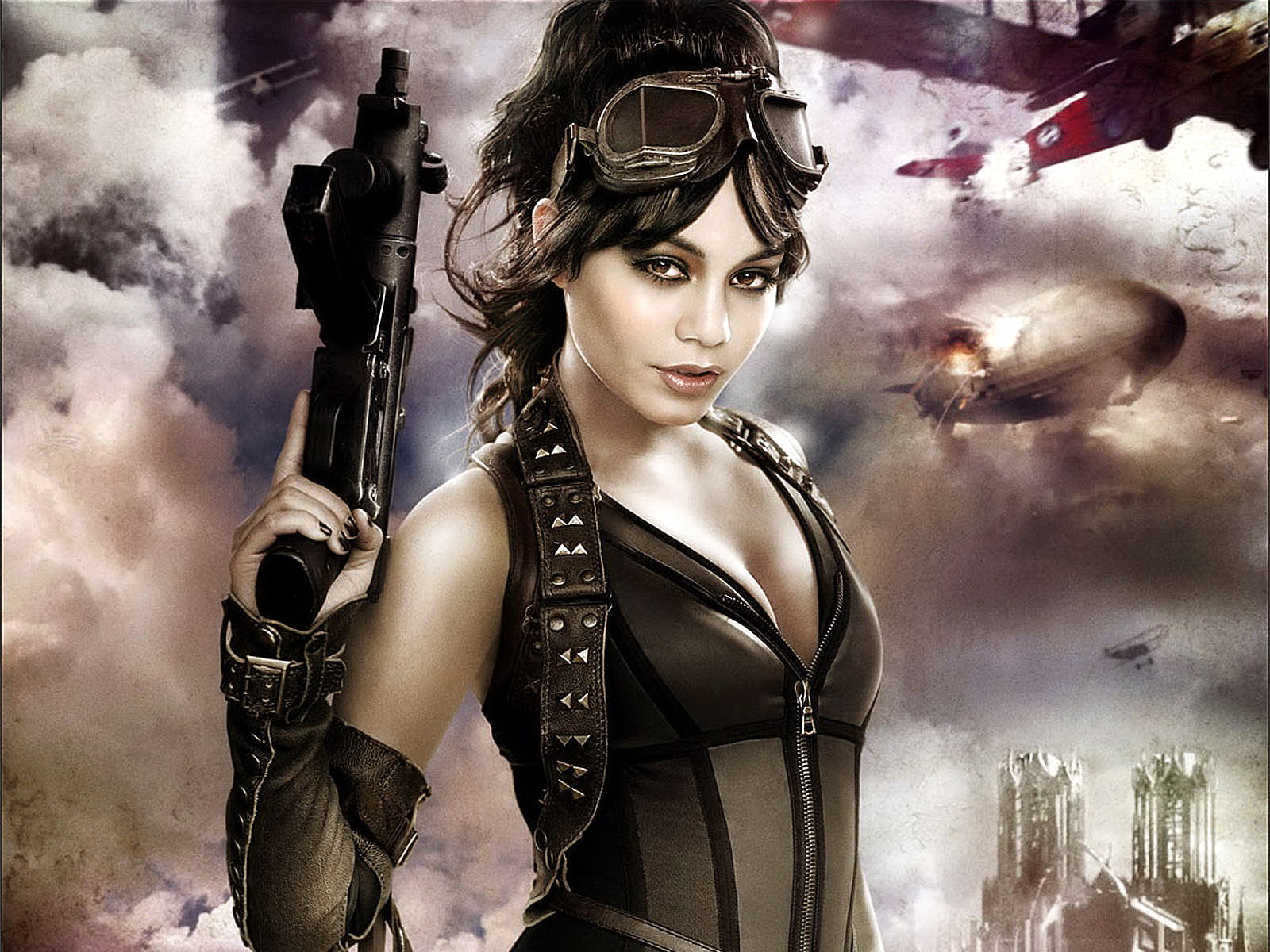 Vanessa Hudgens in Steampunk Outfit with Gun HD Wallpaper
