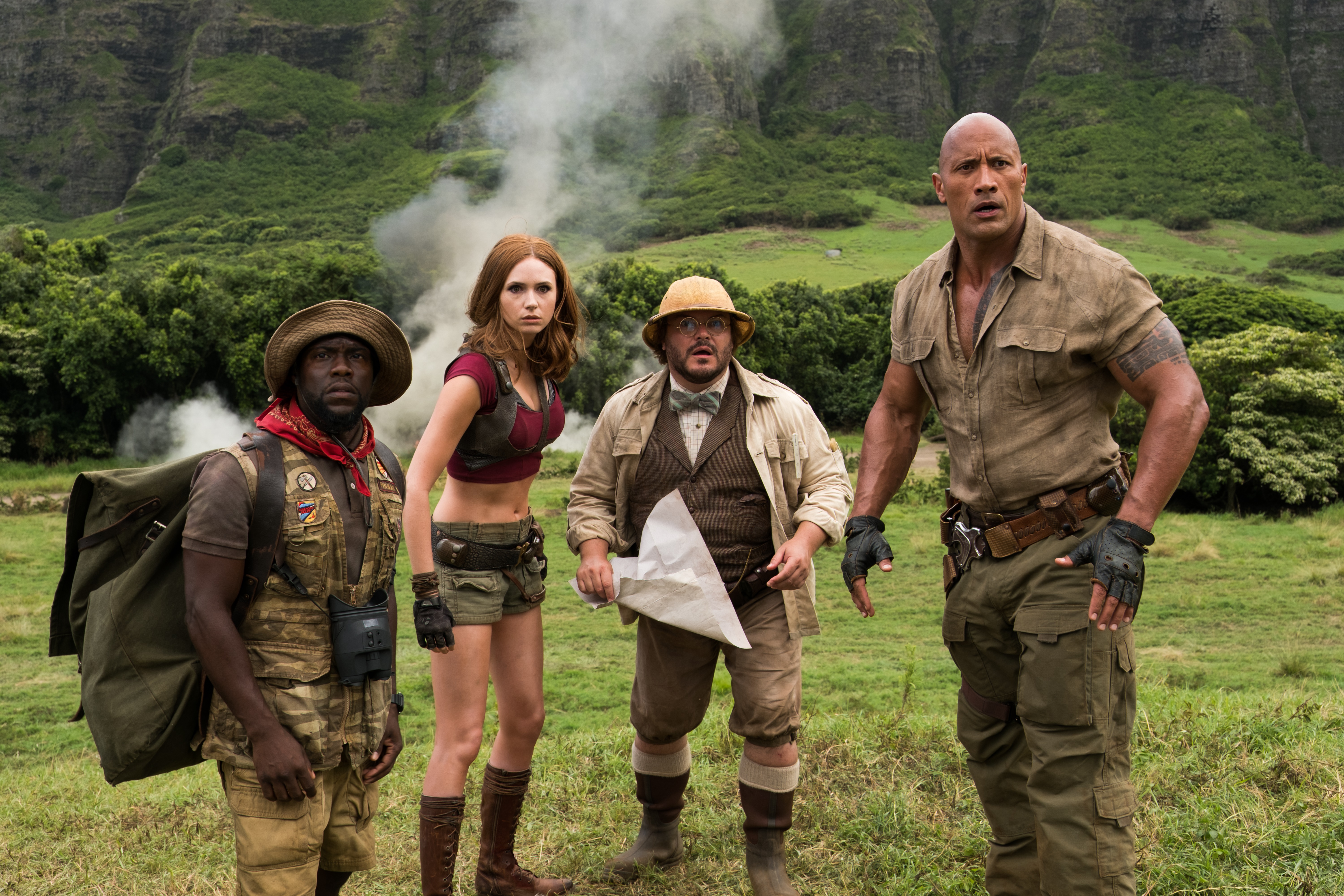 Kevin Hart, Karen Gillan, Jack Black, and Dwayne Johnson in Jumanji HD Wallpaper