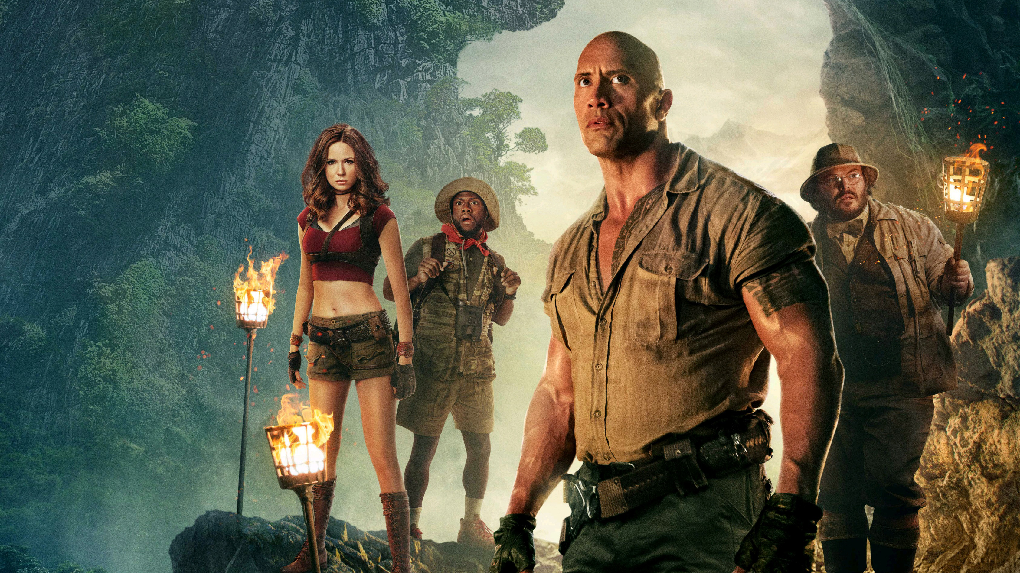 Jumanji: The Next Level cast in jungle cave HD Wallpaper