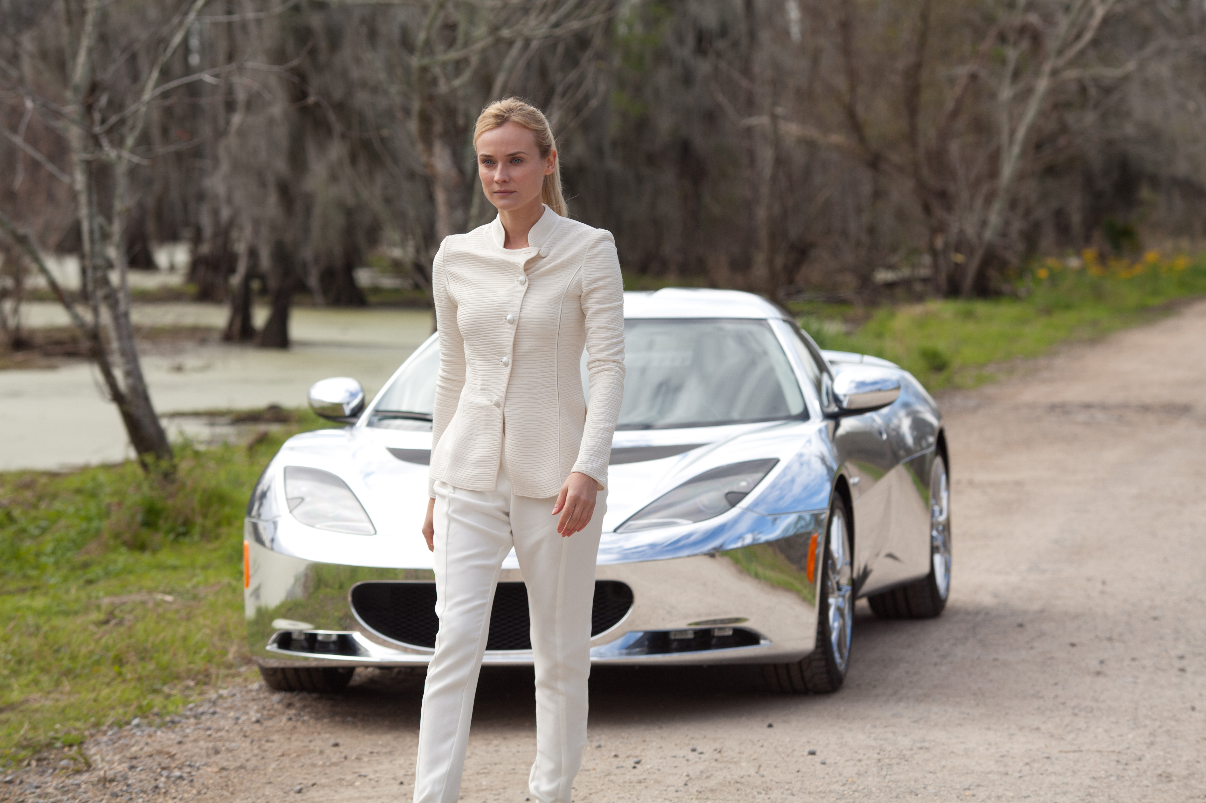 Diane Kruger in a white suit with a chrome car HD Wallpaper