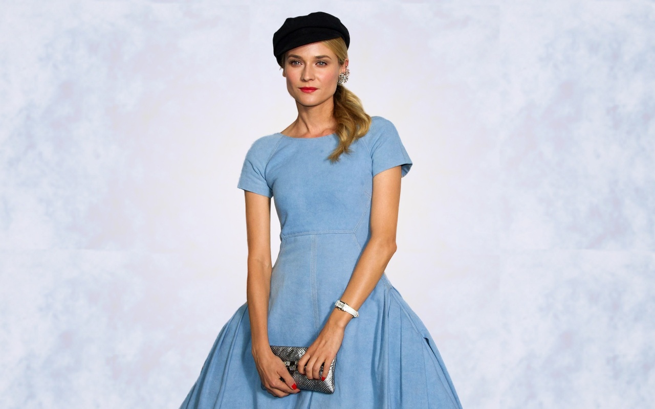 Diane Kruger in a blue dress and black hat HD Wallpaper