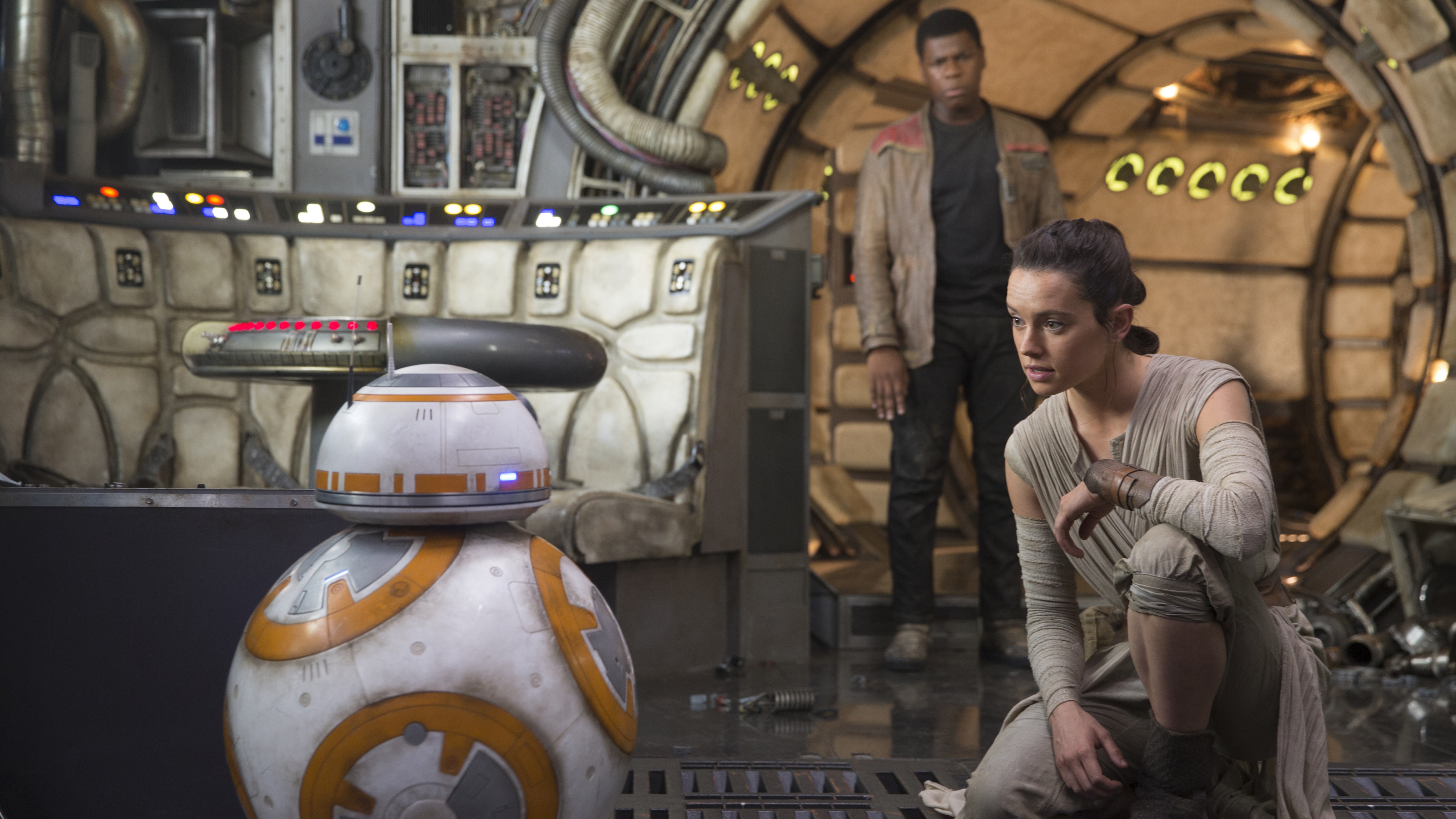 Rey and Finn with BB-8 on the Millennium Falcon HD Wallpaper