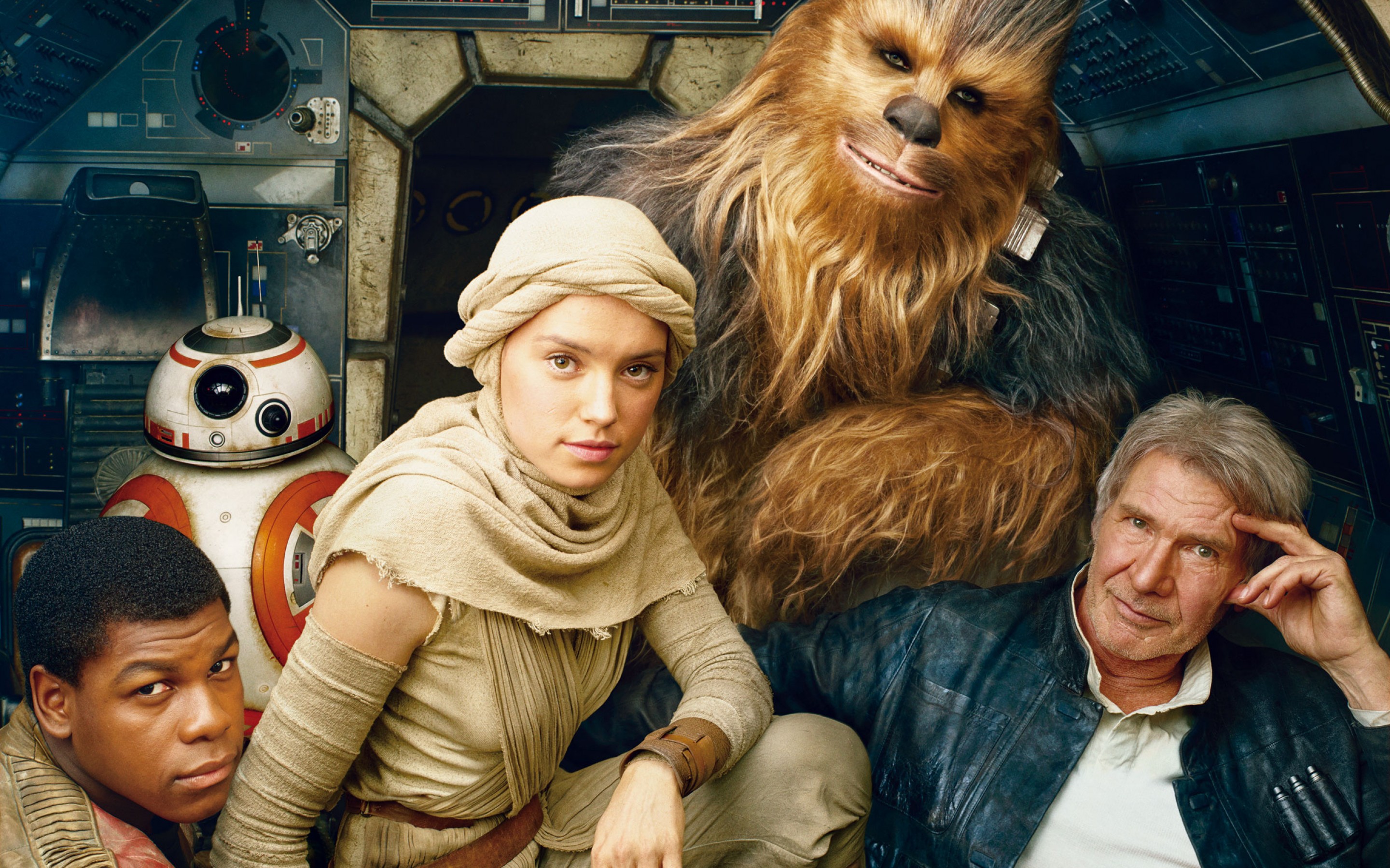 Rey, Finn, Chewbacca, and Han Solo from Star Wars HD Wallpaper