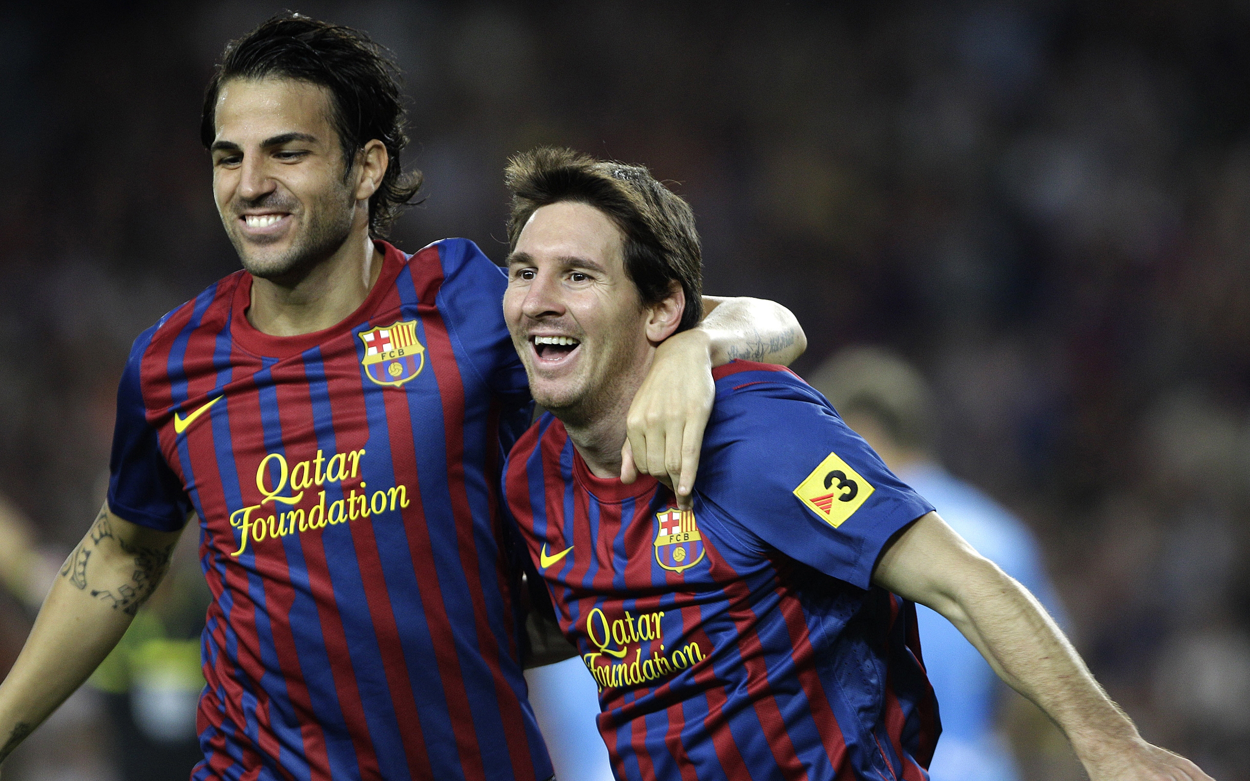 Lionel Messi and Cesc Fàbregas celebrating HD Wallpaper