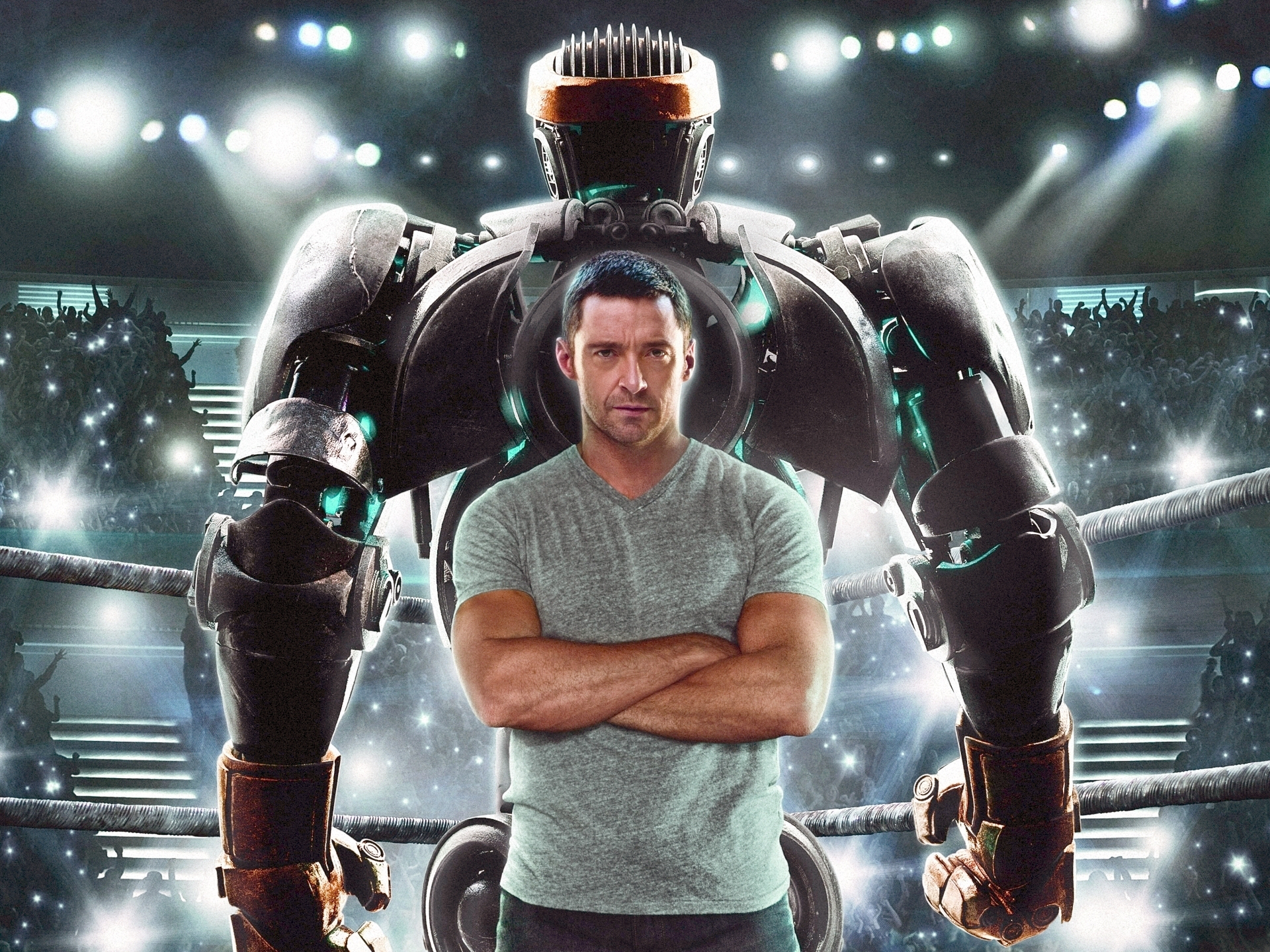 Hugh Jackman with a robot in a boxing ring HD Wallpaper