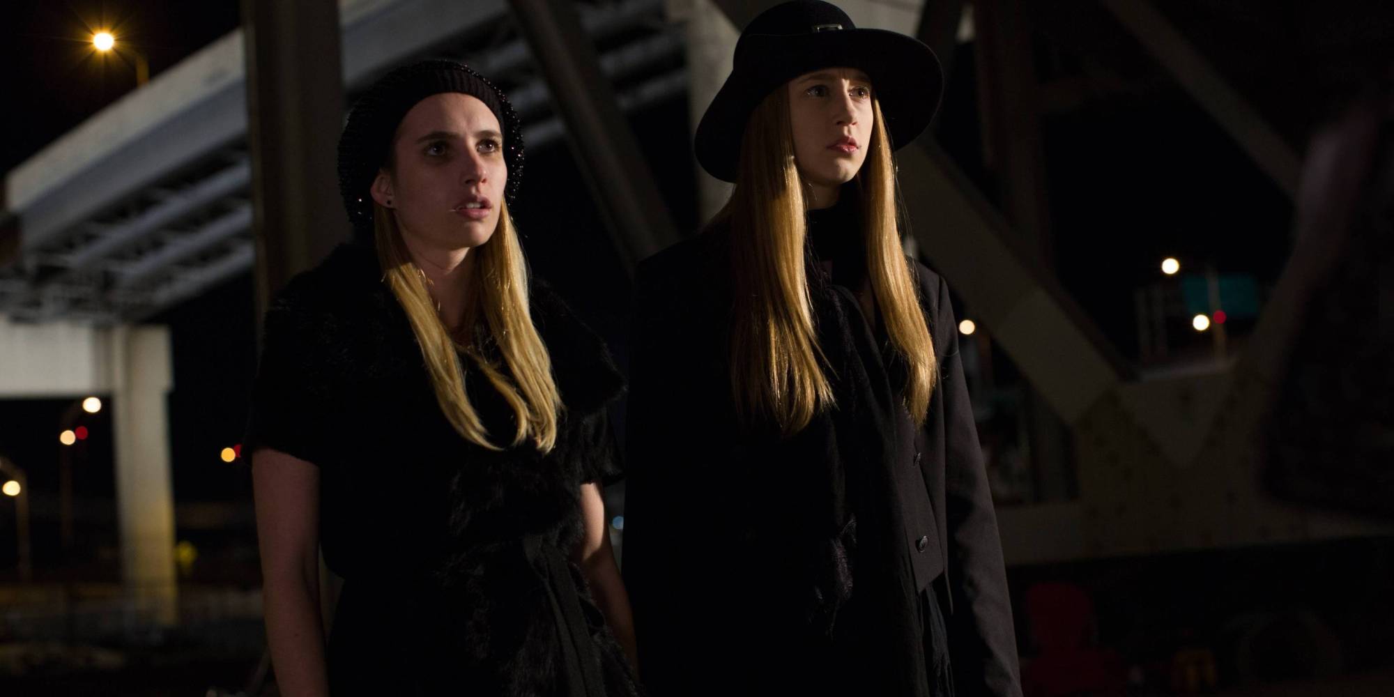 Emma Roberts and another woman in black at night HD Wallpaper