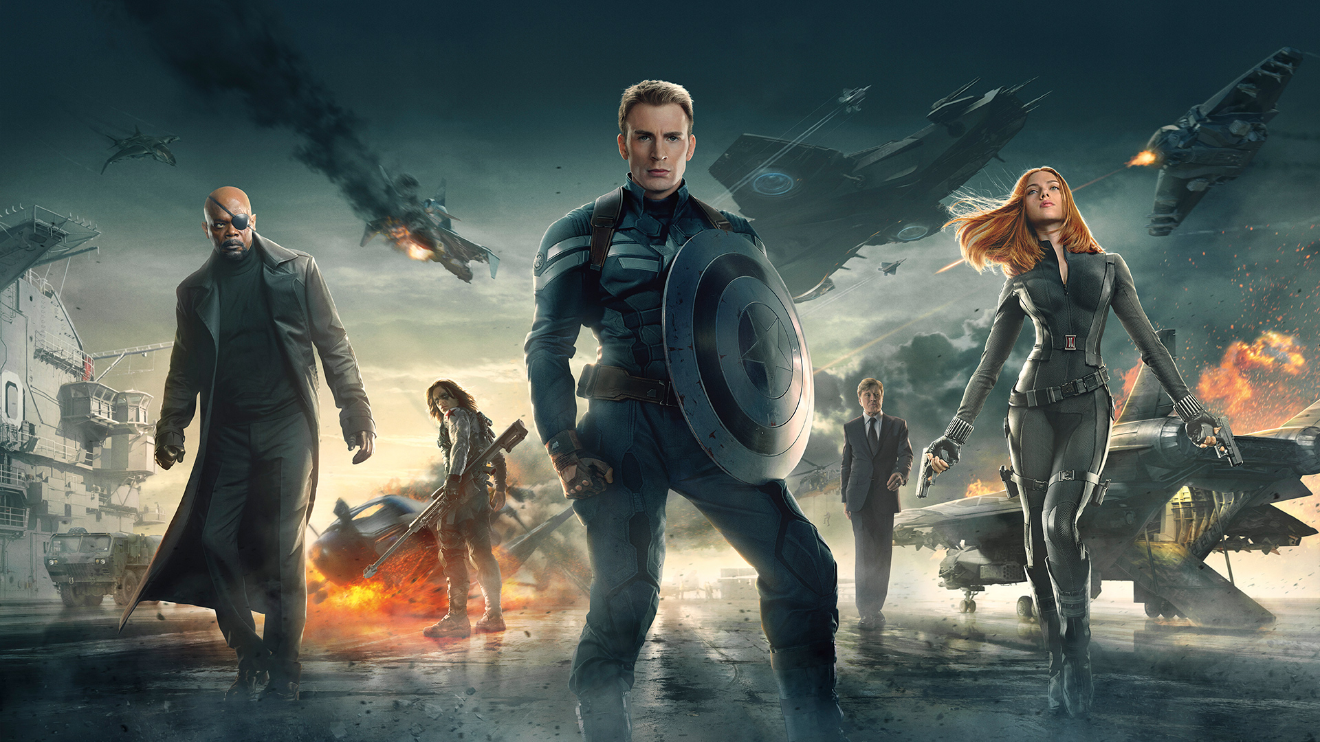 Captain America, Black Widow, Nick Fury, and allies in battle HD Wallpaper
