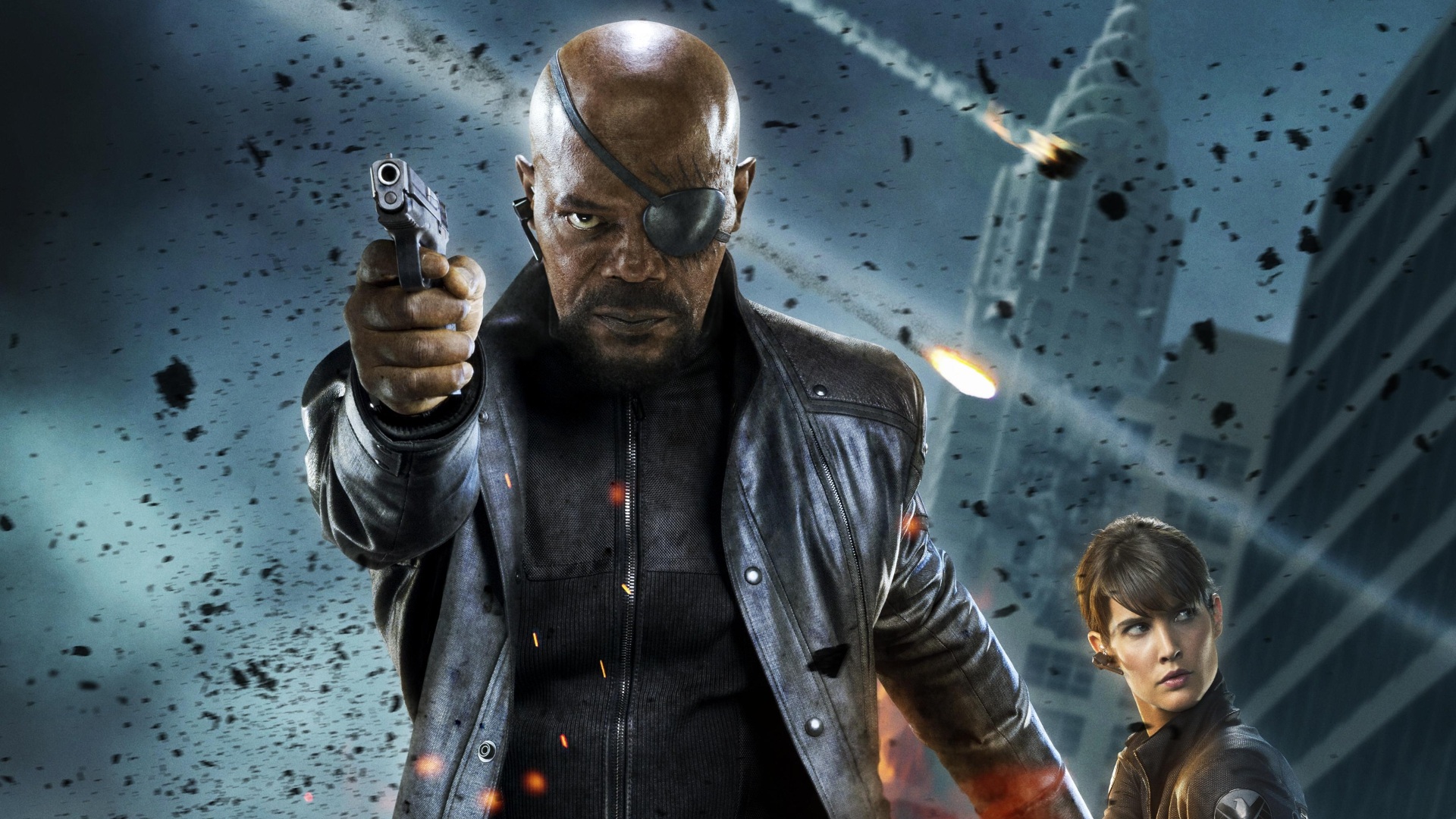 Nick Fury from Marvel Cinematic Universe holding a gun HD Wallpaper