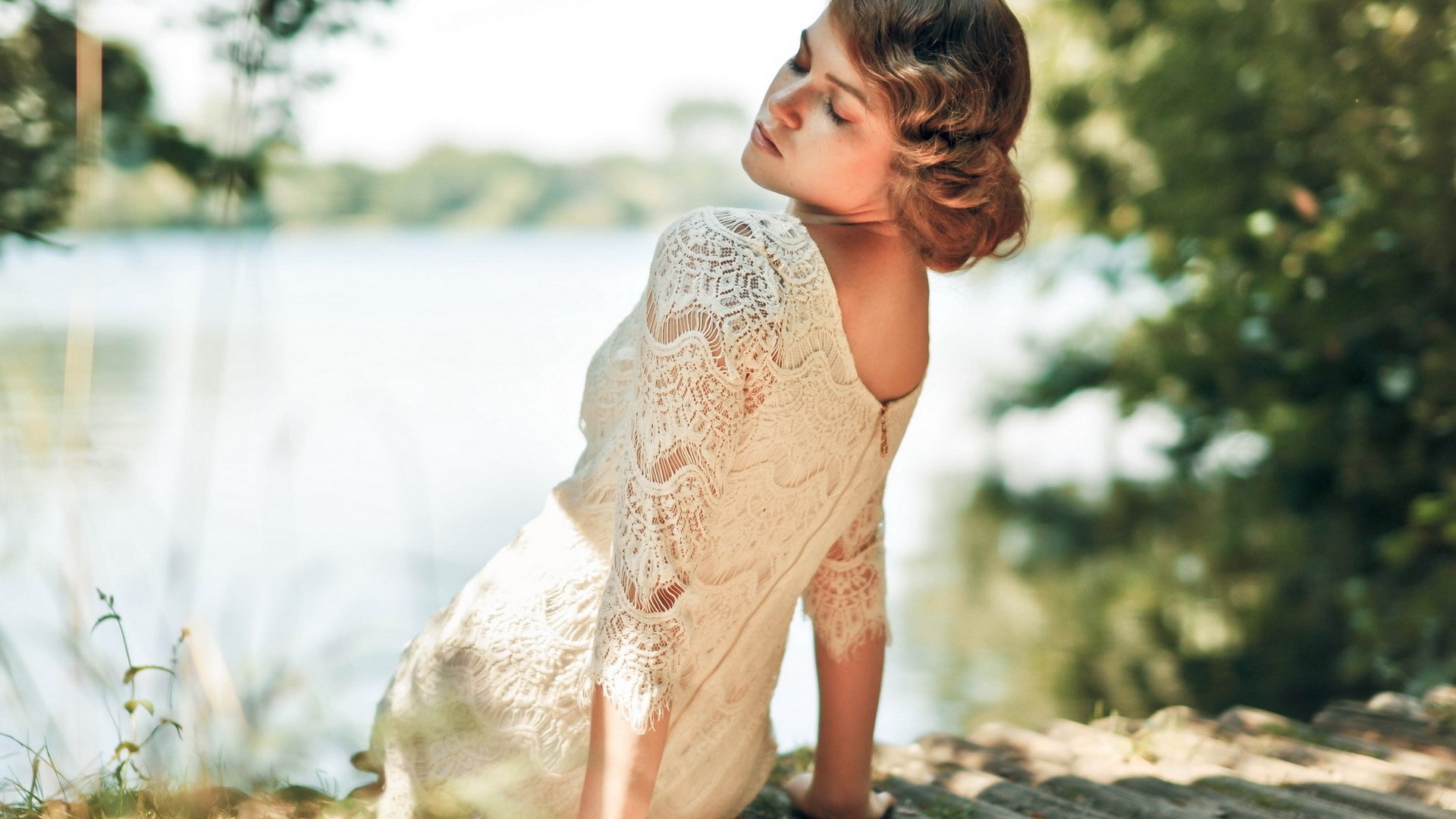 Woman in lace dress by a lake HD Wallpaper