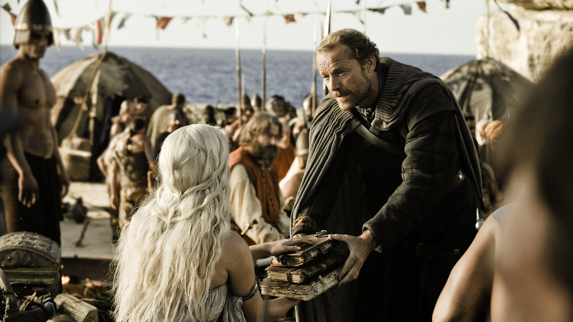 Jorah Mormont gives books to Daenerys Targaryen HD Wallpaper