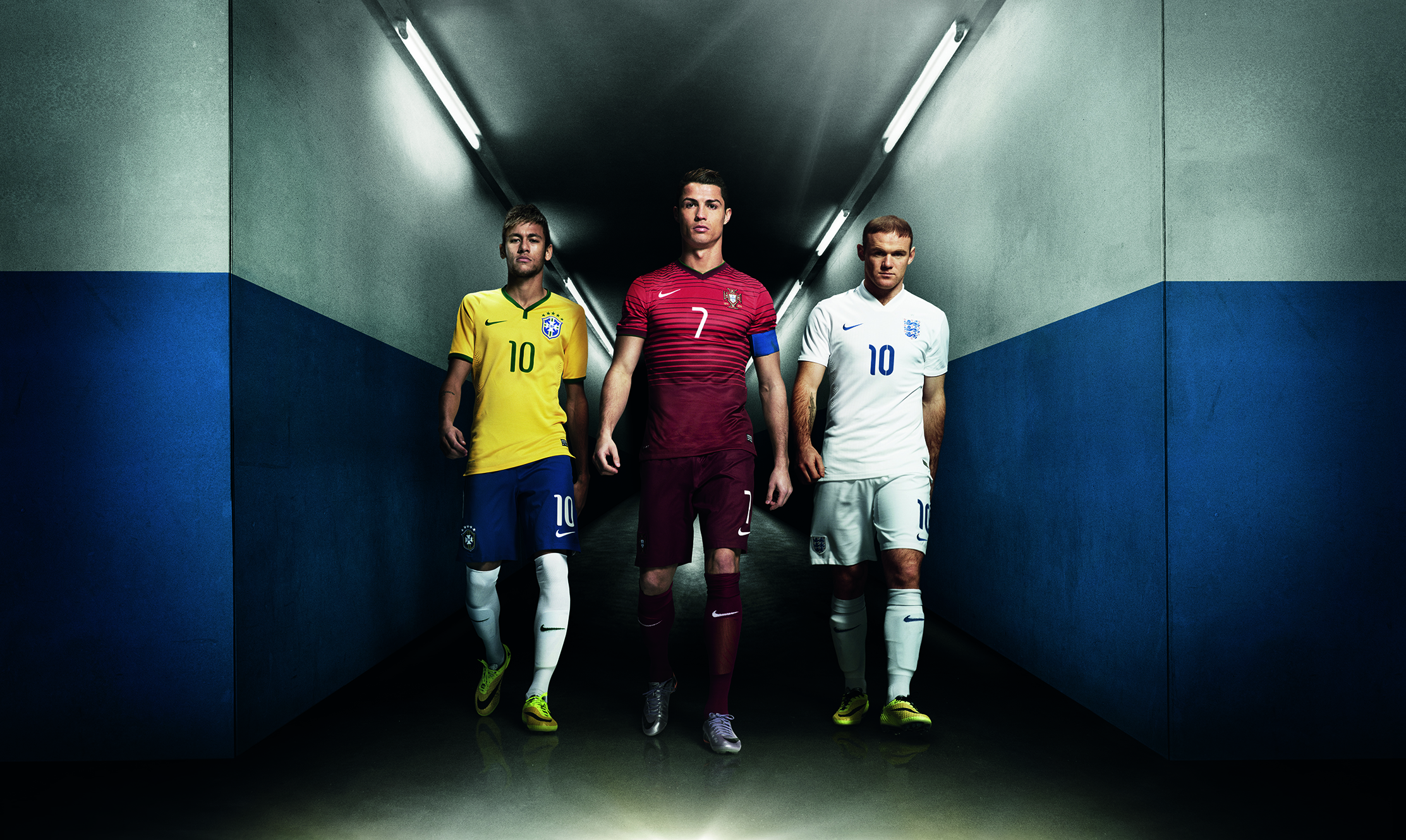 Neymar Jr, Cristiano Ronaldo, and Wayne Rooney in soccer kits HD Wallpaper
