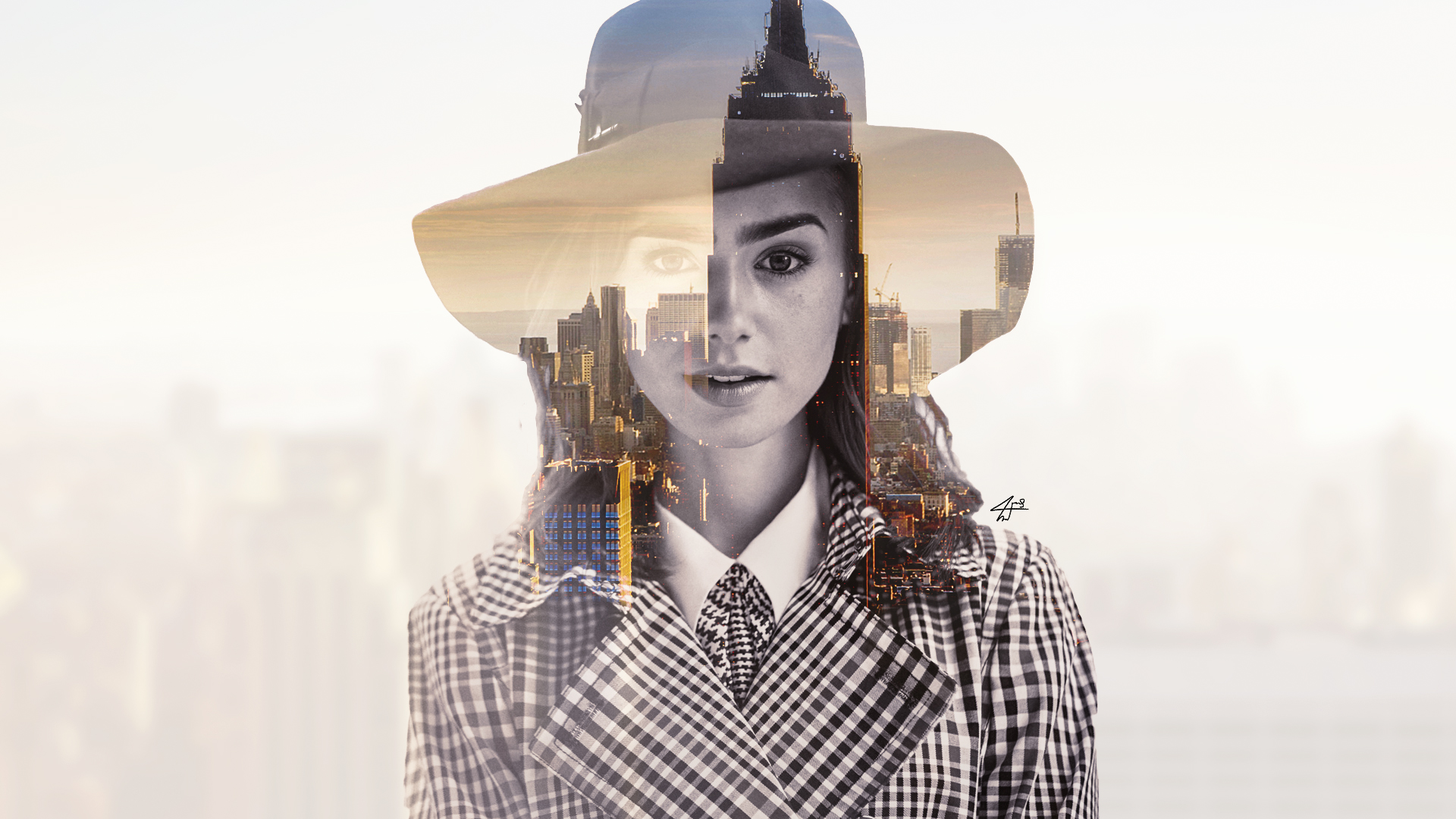 Lily Collins double exposure with New York City skyline HD Wallpaper