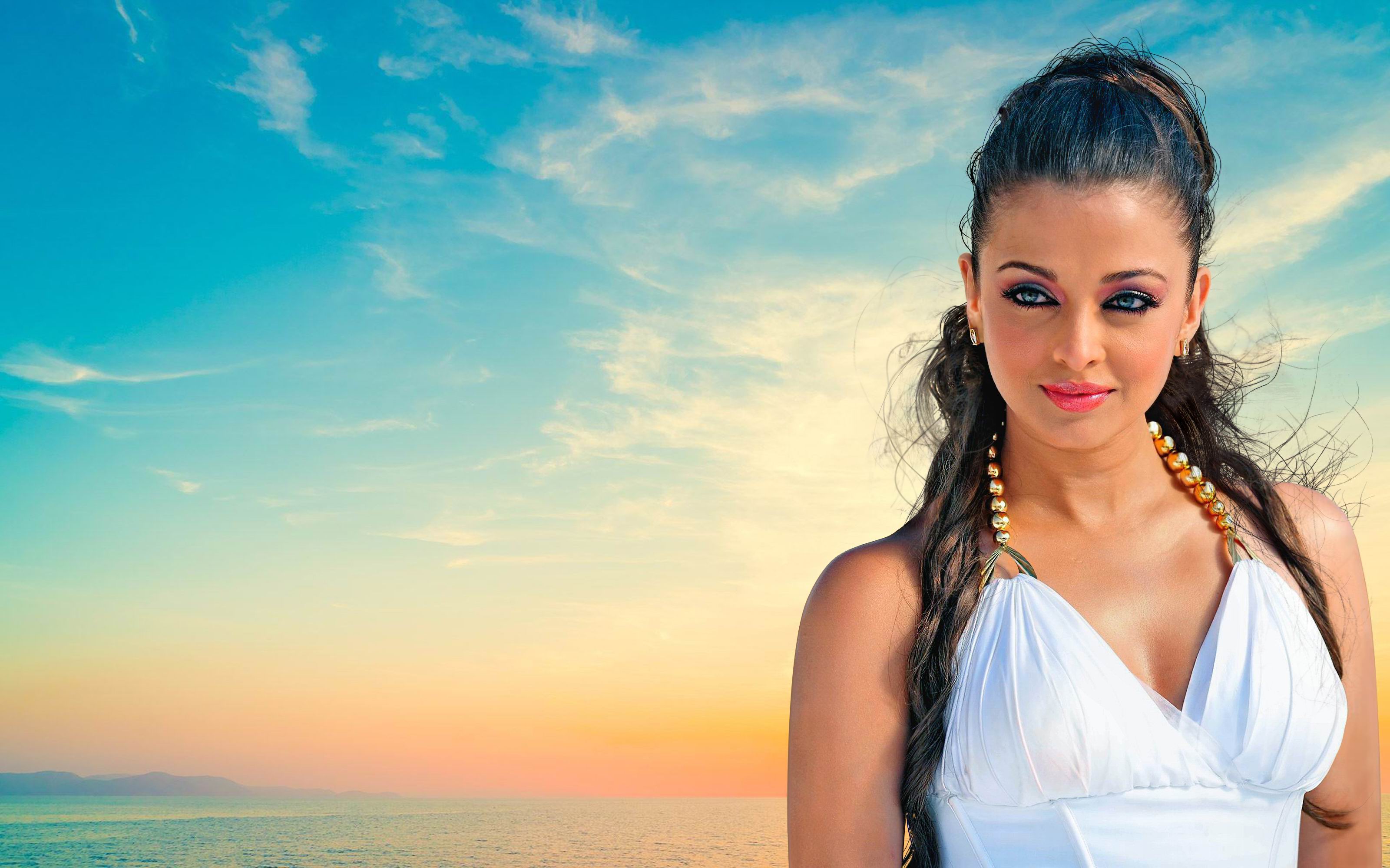 Aishwarya Rai Bachchan in White Dress by the Sea HD Wallpaper