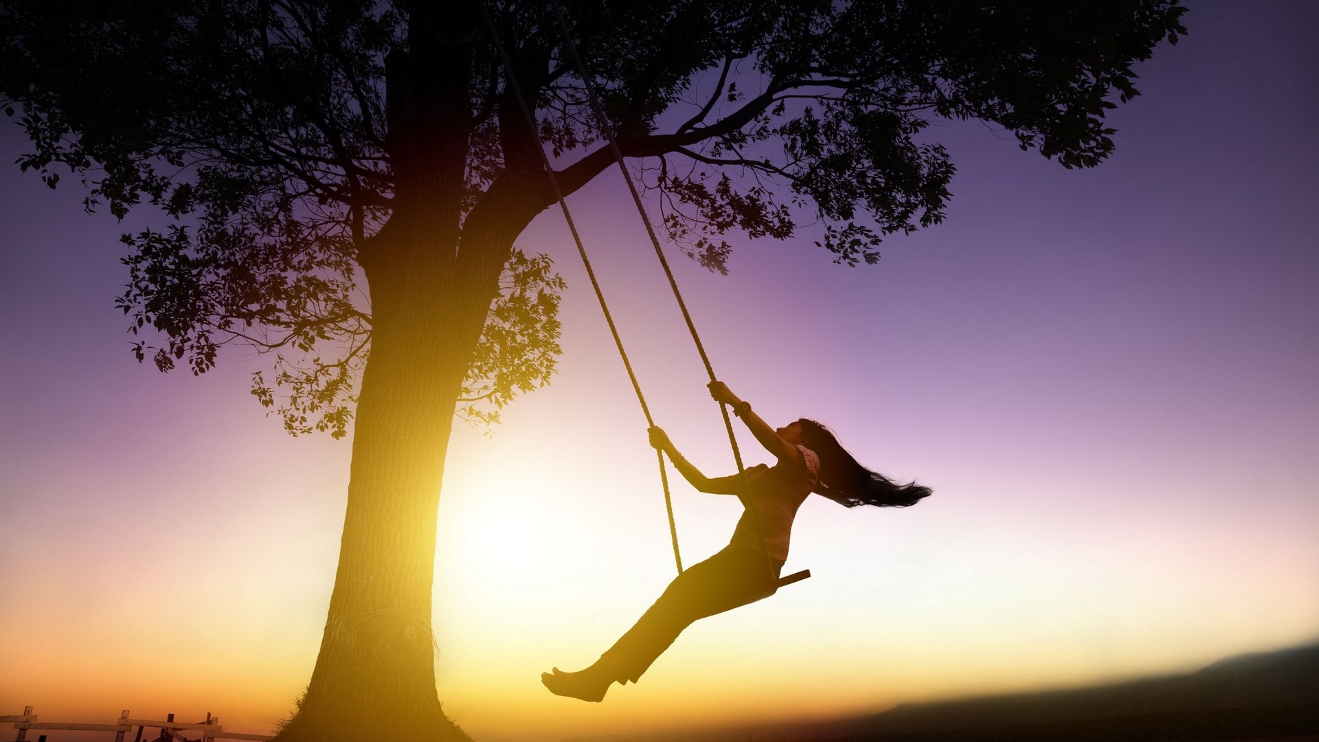 Girl on a swing under a tree at sunset HD Wallpaper
