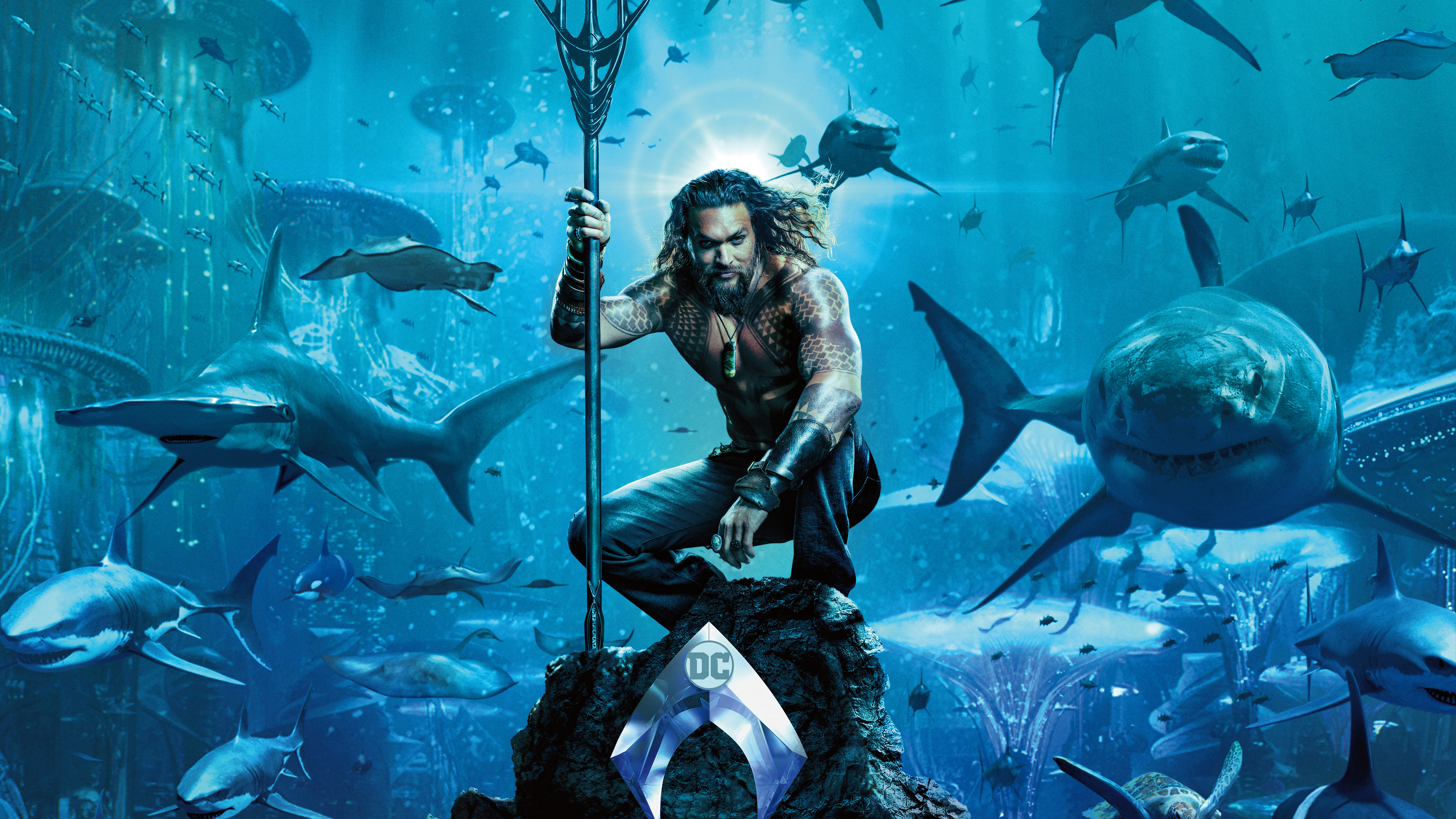 Aquaman with Trident and Sharks HD Wallpaper