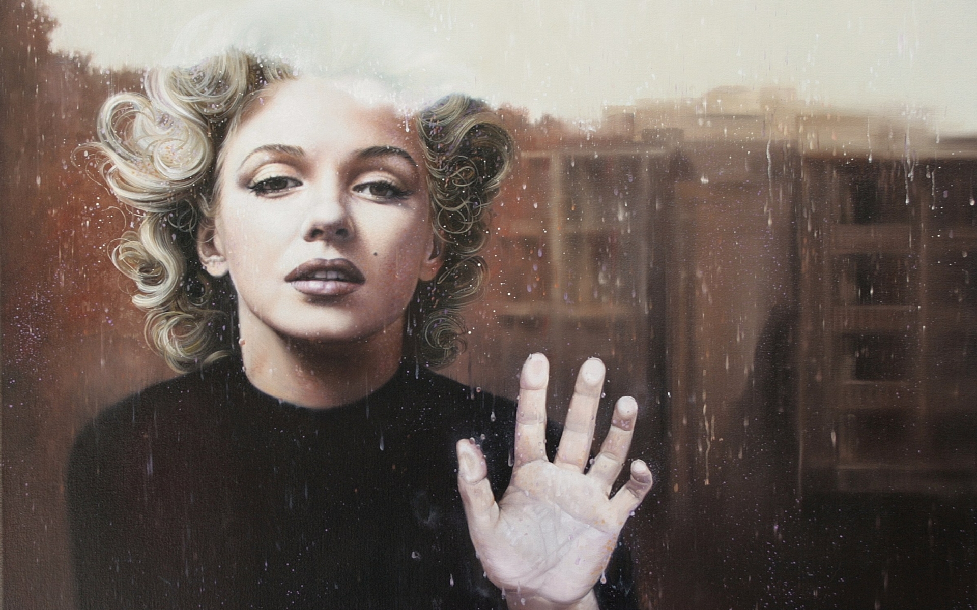 Marilyn Monroe behind a rainy window HD Wallpaper
