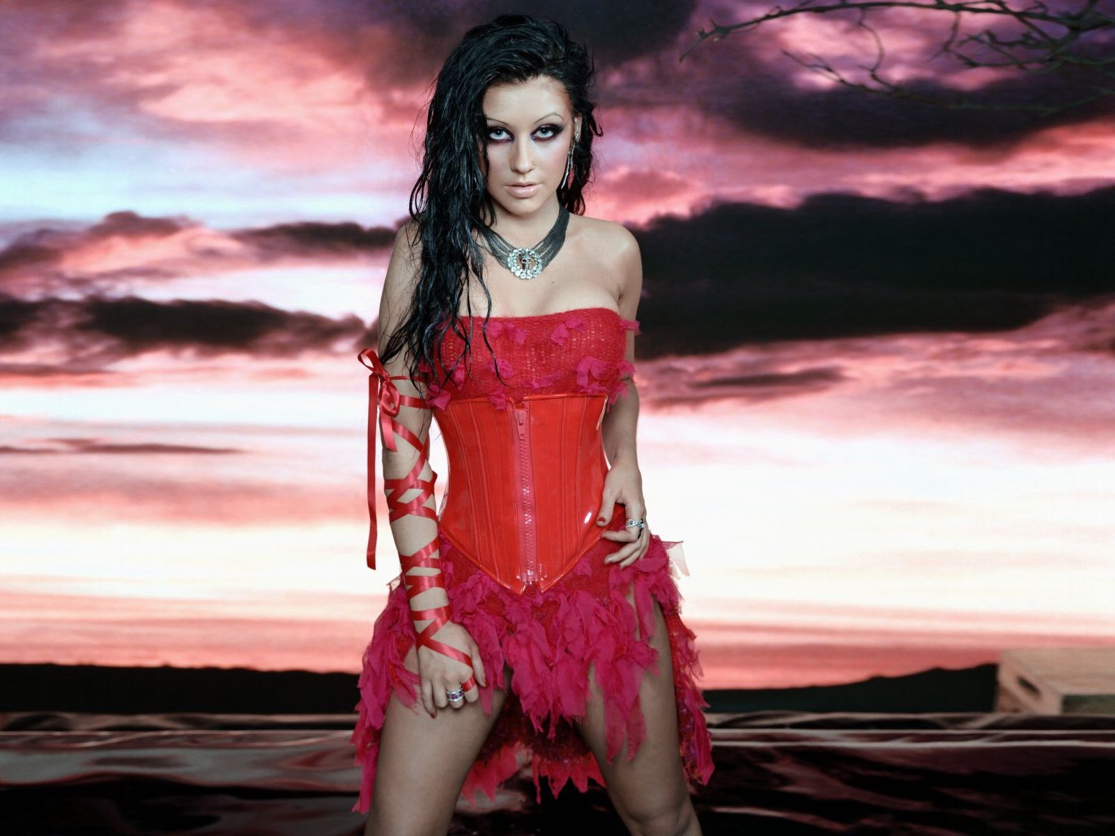 Christina Aguilera in red corset dress HD Wallpaper