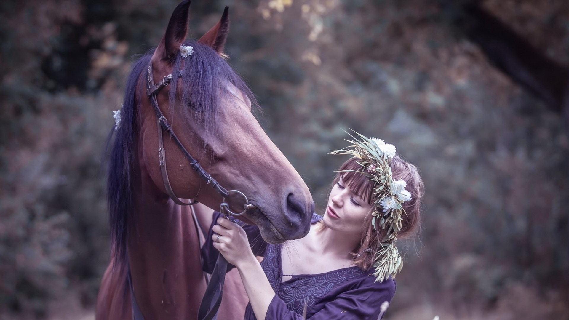 Woman with flower crown and horse in forest HD Wallpaper