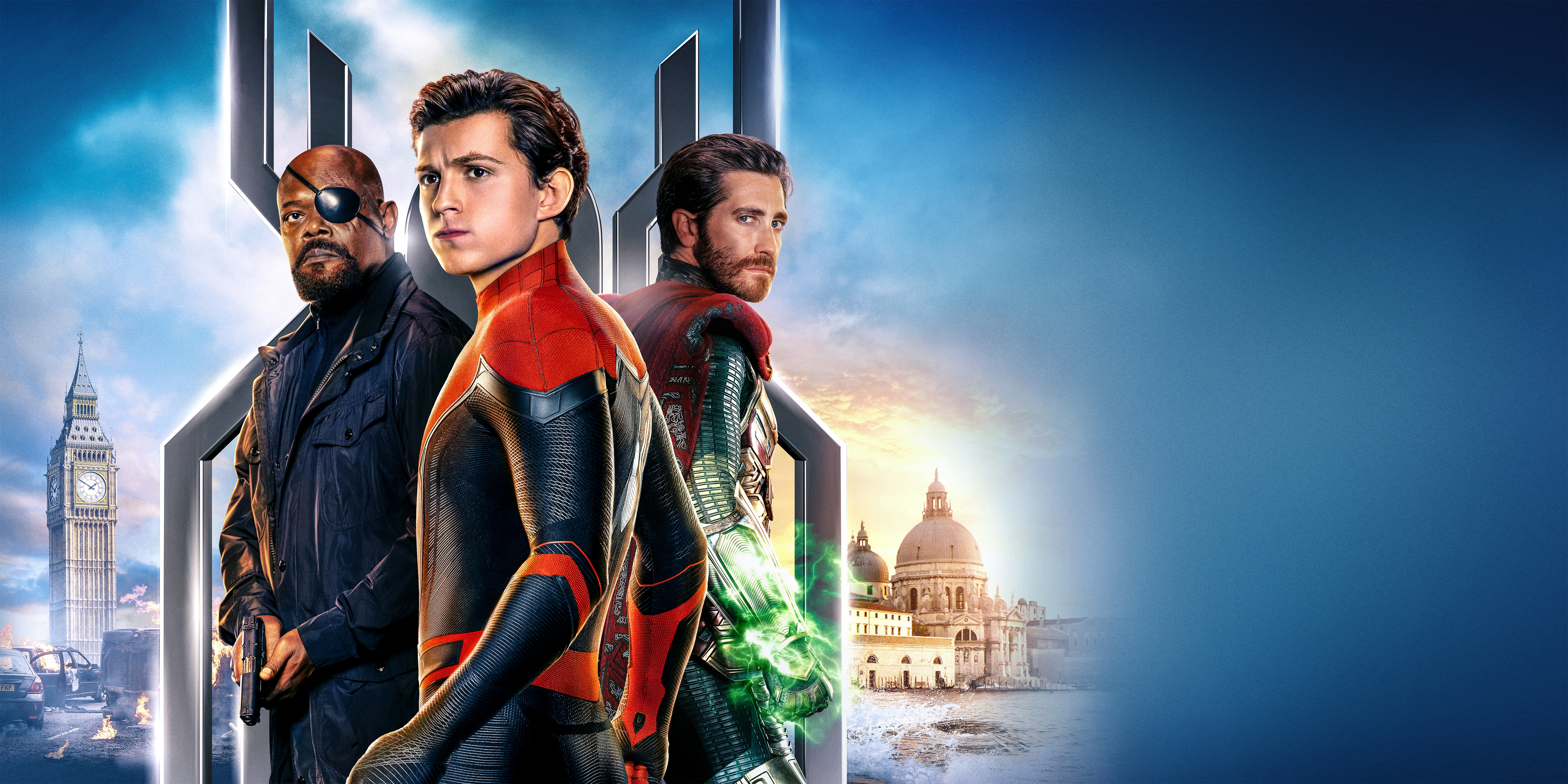 Spider-Man: Far From Home Poster with Tom Holland, Samuel L. Jackson, and Jake Gyllenhaal HD Wallpaper
