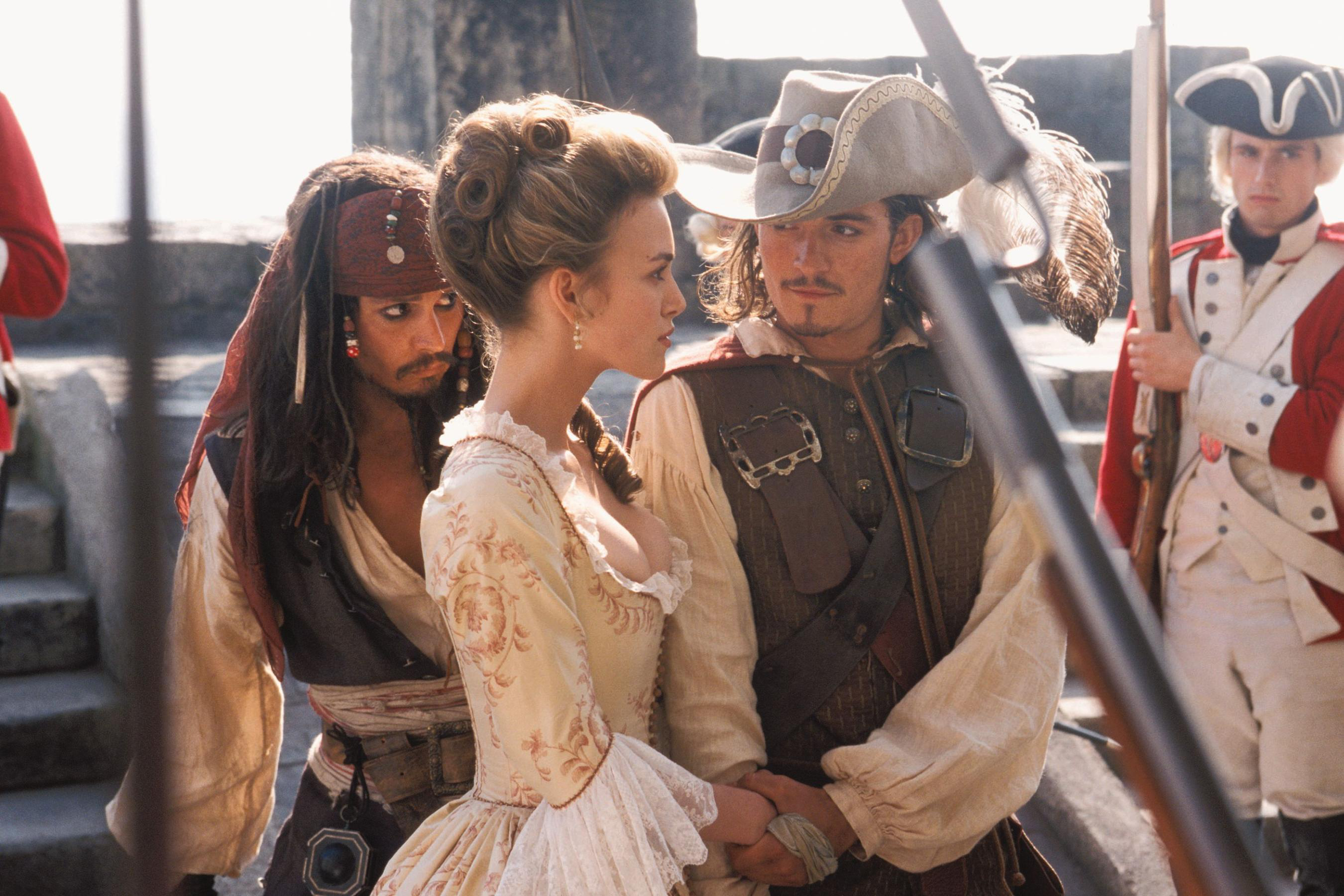 Jack Sparrow, Elizabeth Swann, Will Turner, and soldiers from Pirates of the Caribbean HD Wallpaper